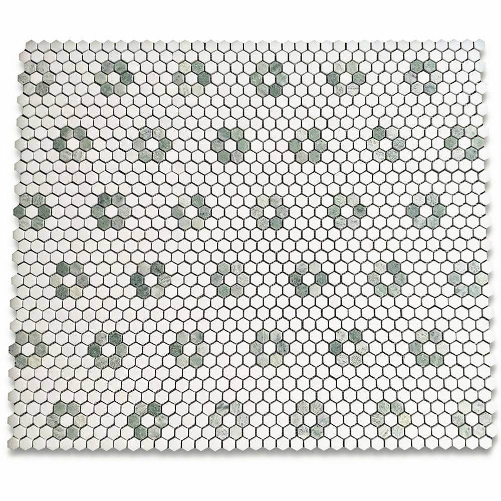 Rosette Hexagon Thassos White Ming Green Marble Mosaic Tile Honed