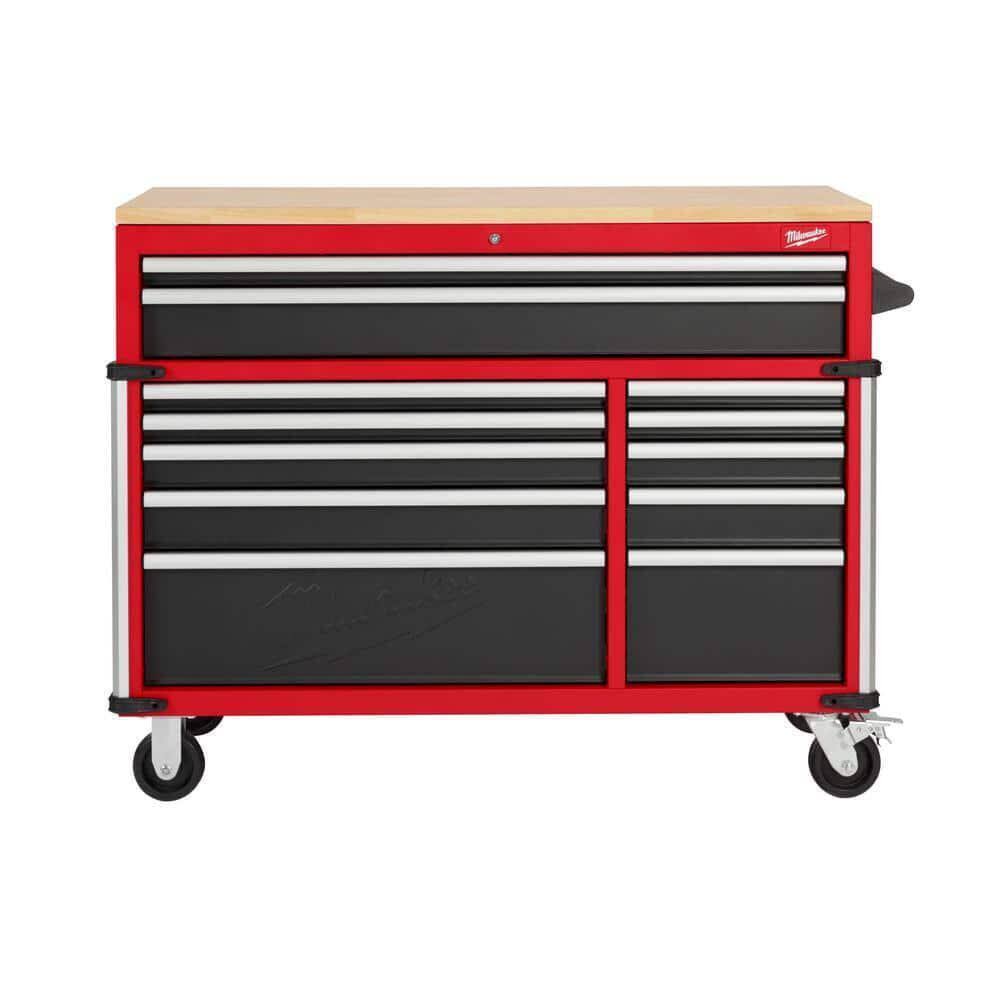 Milwaukee 52 in. W x 22 in. D 12 Drawer Heavy Duty Mobile Workbench Cabinet in Red 48-22-8559