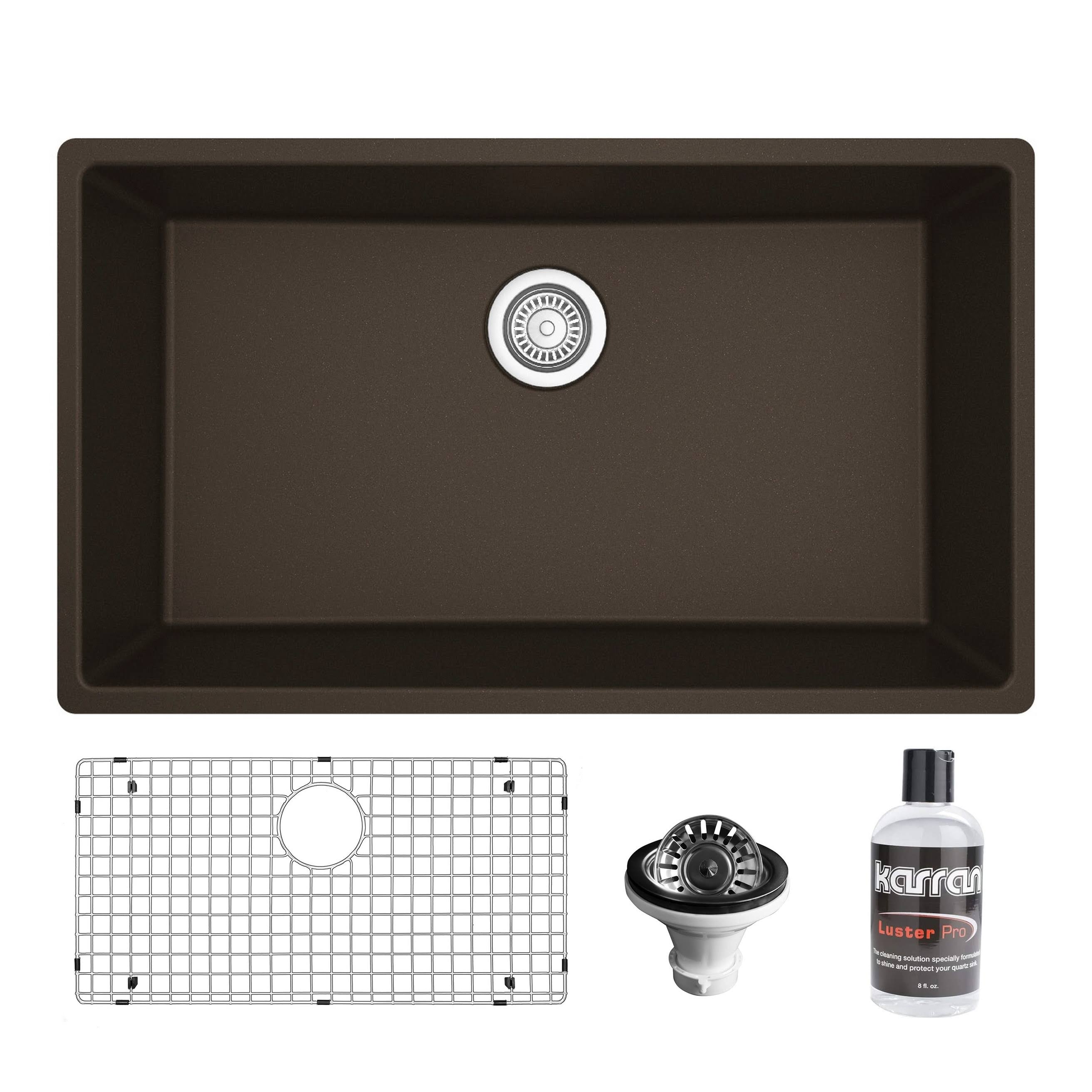 Karran QU-812 PK1 Undermount 32.5 in. Large Single Bowl Quartz Kitchen Sink Kit in Brown