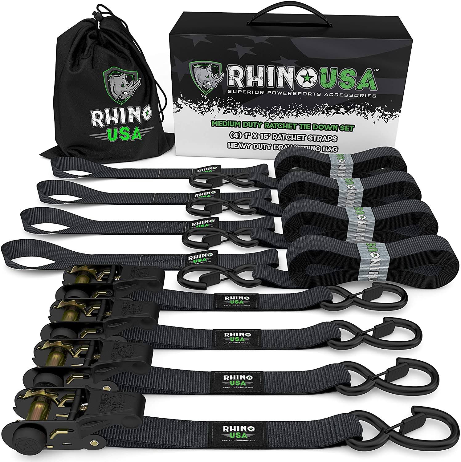 Rhino USA Ratchet Tie Down Straps (4pk)- 1,823lb Guaranteed Max Break