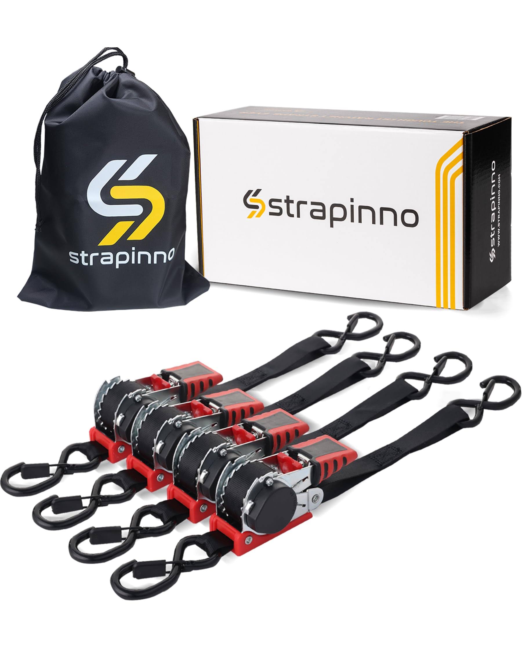 Strapinno Retractable Ratchet Straps 1 in x 10 ft Secure Tie-Downs with Rubber-Coated Steel Handles S-Hooks & Durable Hardware for Motorcycle Jets