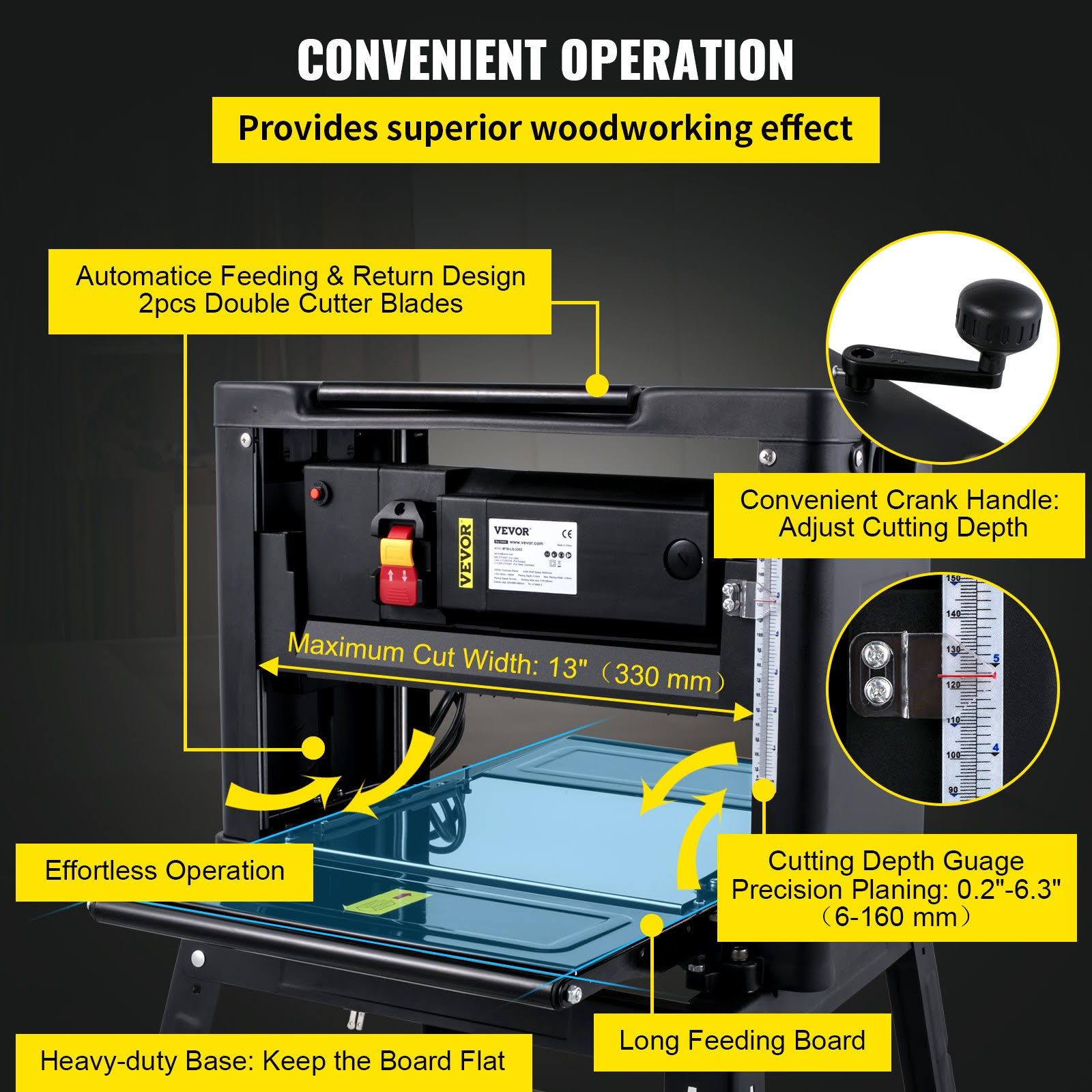 VEVOR Benchtop Planer 13 Thickness Planer 1800W 8000rpm Woodworking Planer 6mmin Planing Speed with Iron Stand Dust Exhaust YBJYCMC13GB9TLXZXV1