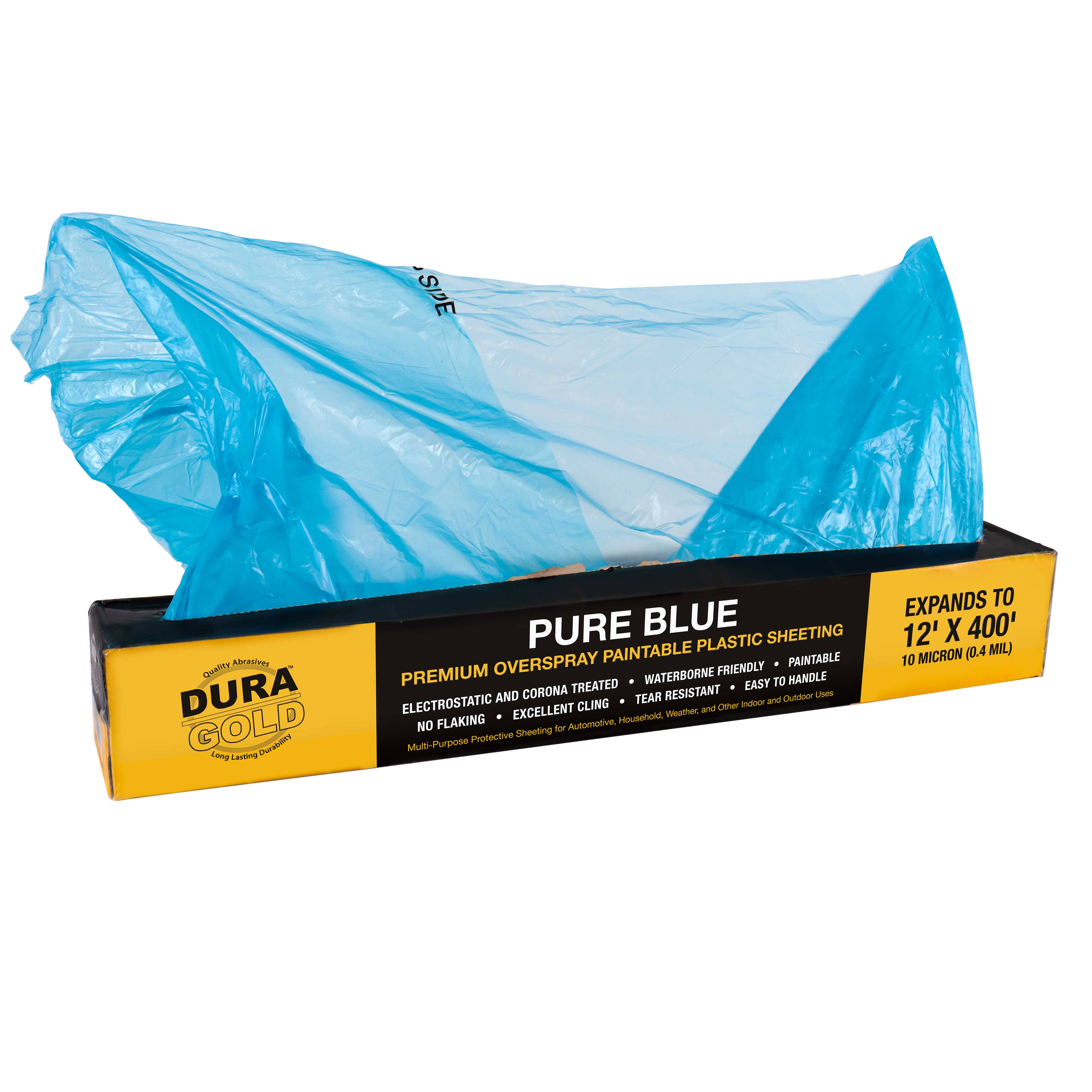 Dura-Gold 12' x 400' Roll of Pure Blue Premium Overspray Paintable Plastic Sheeting- 10 Micron, 0.4 mil, Protective Masking Film Cover- Auto Car