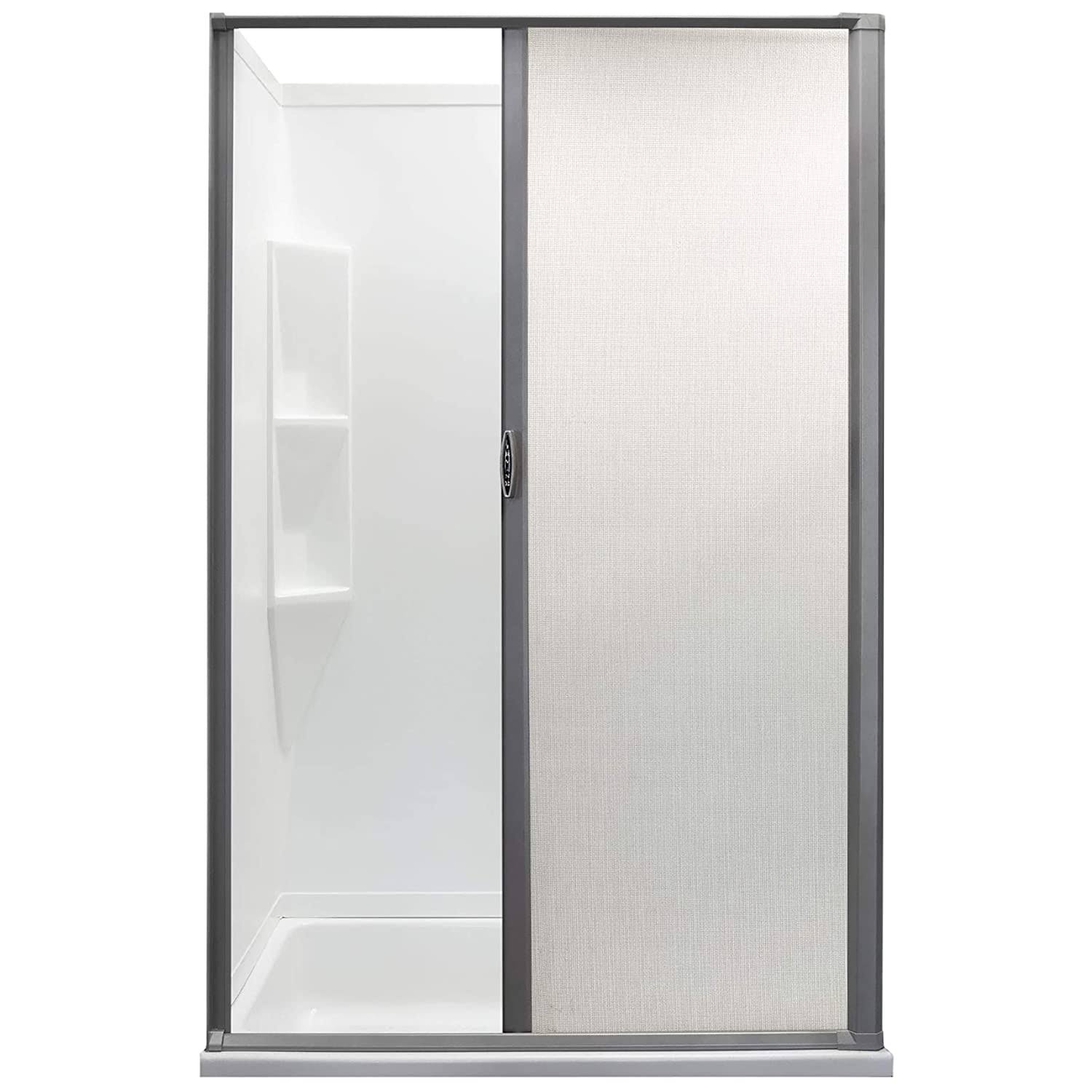 Camper Comfort RV Retractable Rolling Shower Doors | 4 Sizes- 2 Color options | Replacement Shower Door | Woven Mesh Vinyl (48w x 65H, PLATINUM)