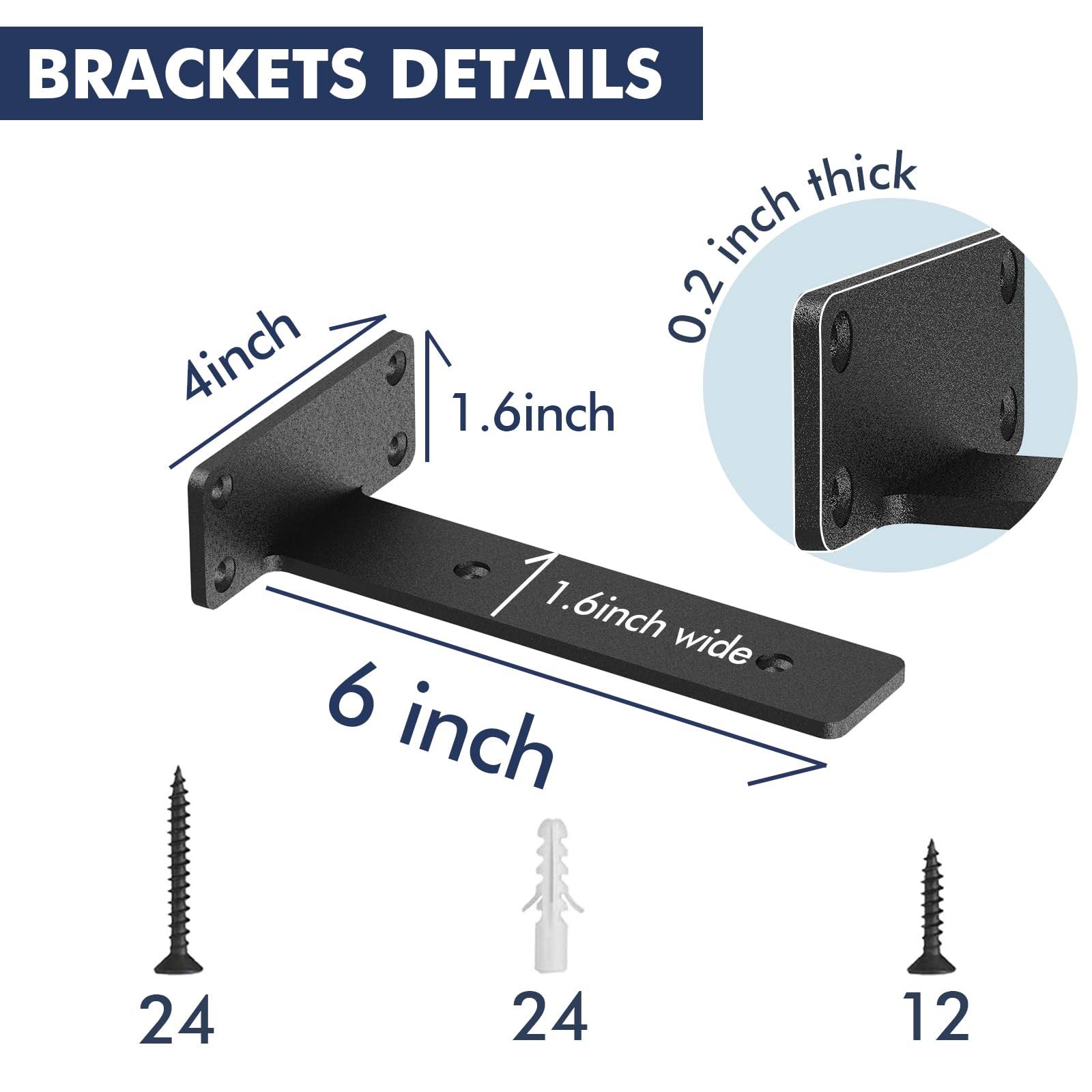 Starunder 6 Pack Floating Shelf Brackets 6 inch Heavy Duty Industrial Shelf Bracket Black Metal L Brackets for Shelves Support DIY(1/5 inch Thicked)