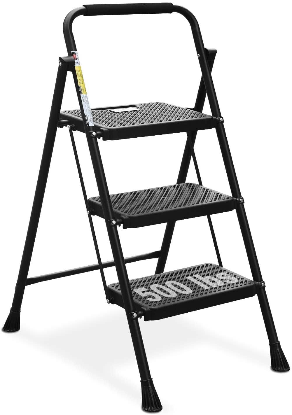 HBTower 3 Step Ladder, Folding Step Stool with Wide Anti-Slip Pedal, 500lbs Sturdy Steel Ladder, Convenient Handgrip, Lightweight, Portable Steel