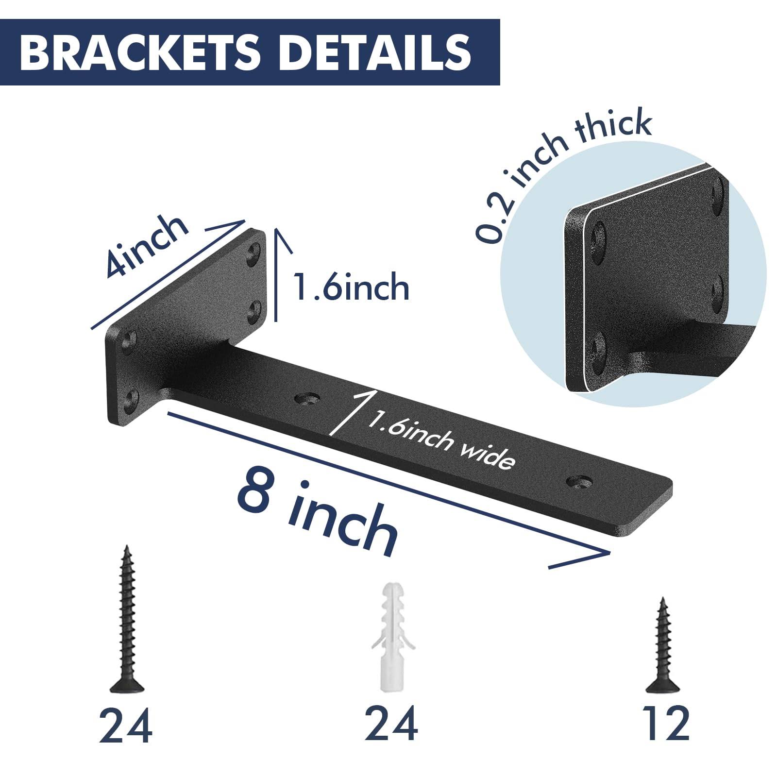 Starunder Floating Shelf Brackets, 6 Pcs of 8 inch Heavy Duty Industrial Shelf Bracket, Black Metal L Brackets for Shelves Support DIY(1/5 inch Thicked)