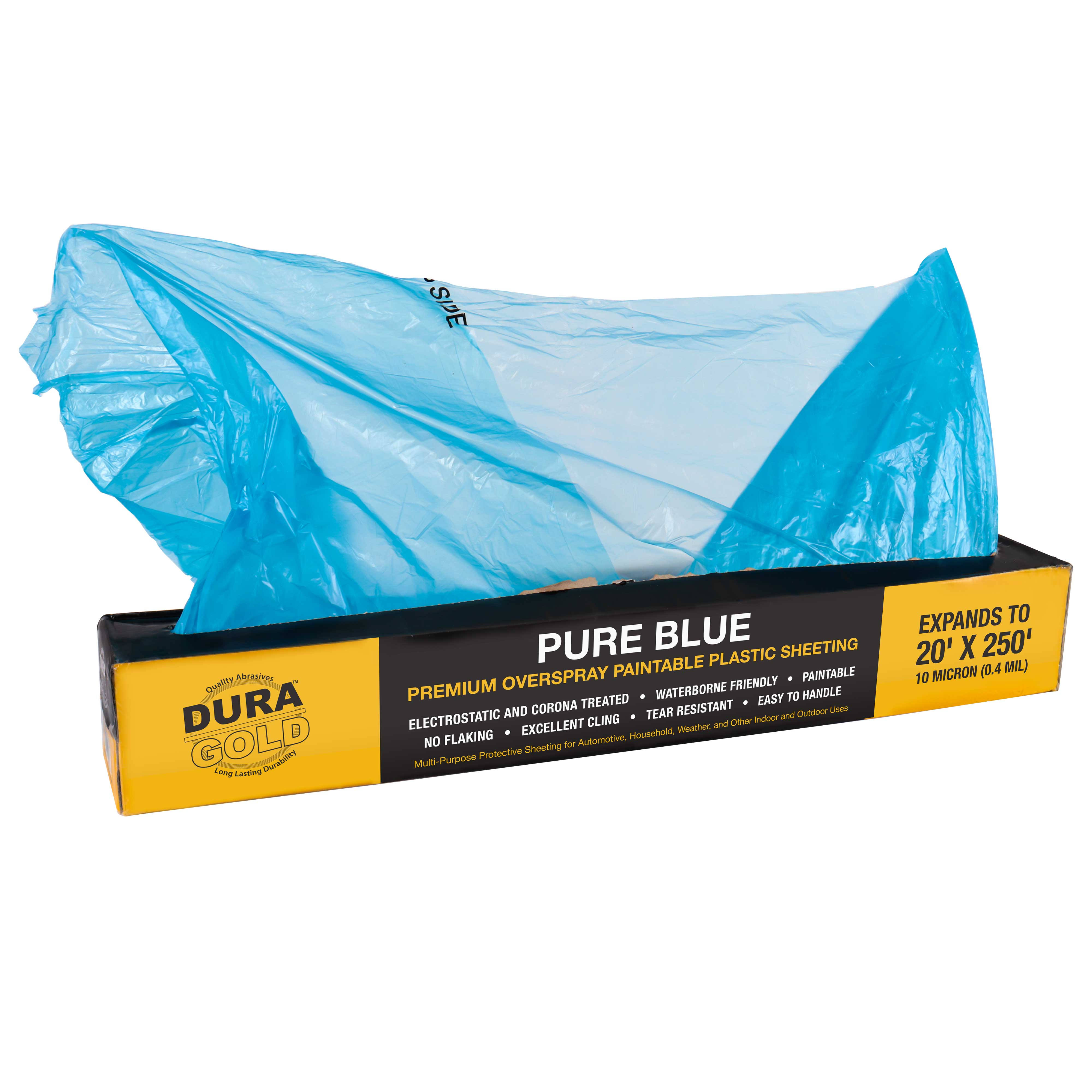 Dura-Gold 20' x 250' Roll of Pure Blue Premium Overspray Paintable Plastic Sheeting- 10 Micron, 0.4 mil, Protective Masking Film Cover- Auto Car