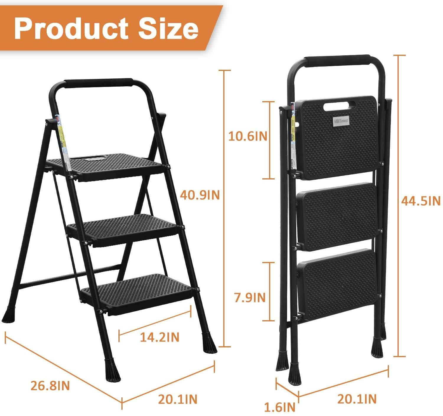 HBTower 3 Step Ladder, Folding Step Stool with Wide Anti-Slip Pedal, 500lbs Sturdy Steel Ladder, Convenient Handgrip, Lightweight, Portable Steel
