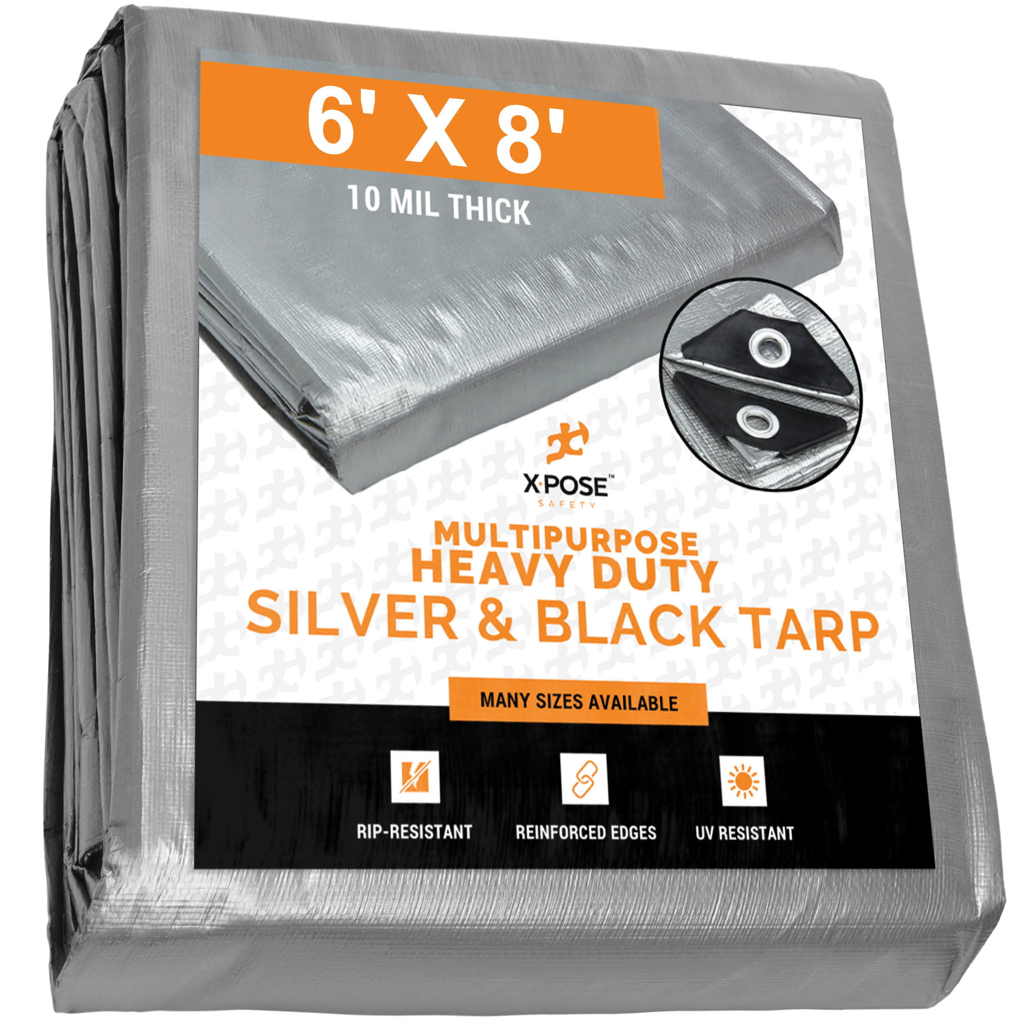 Xpose Safety Heavy Duty Poly Tarp- 6' x 8'- 10 Mil Thick Waterproof, UV Blocking Protective Cover- Reversible Silver and Black