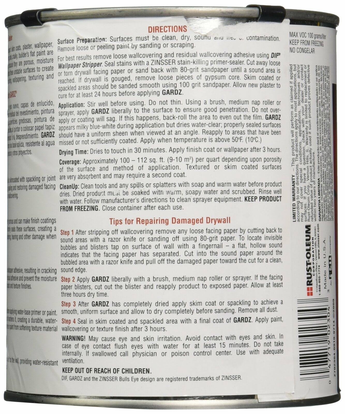 Zinsser Gardz Damaged Dry Wall Sealer- 1 qt bucket