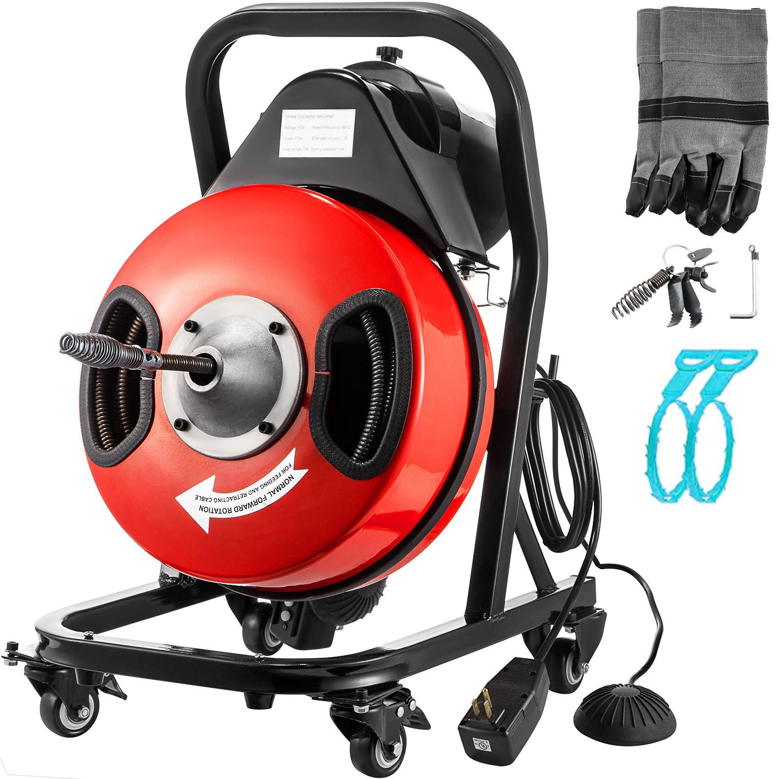 VEVOR Drain Cleaner Machine Electric Drain Auger 50FTX1/2IN Cable 370W w/Wheels