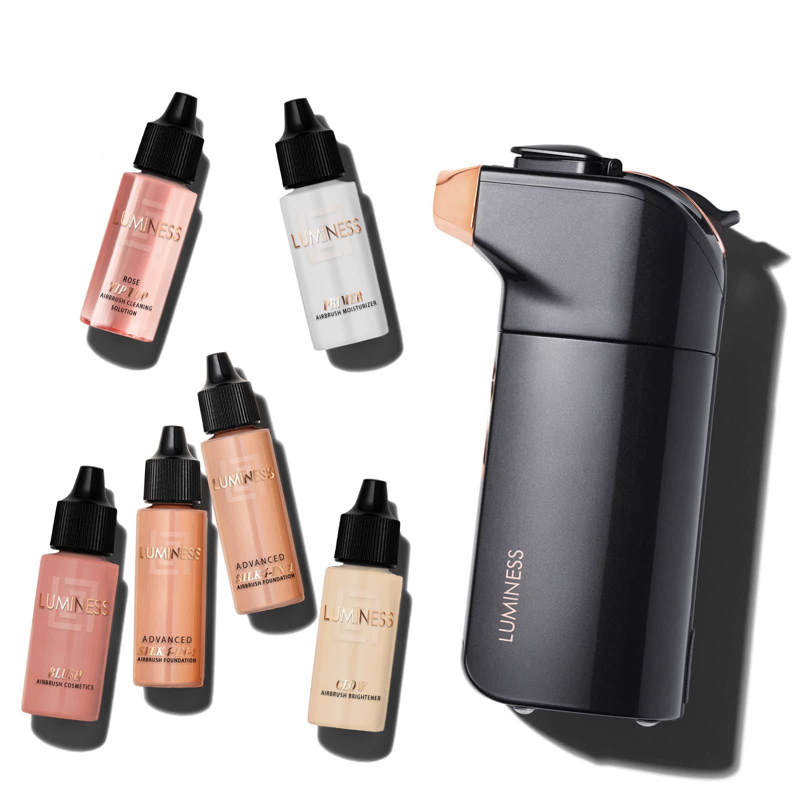 Luminess Breeze Duo Airbrush Makeup System, Medium Coverage- 9-Piece Kit Includes 2x Silk Airbrush Foundation, Soft Rose Blush, Glow Highlighter, Moi