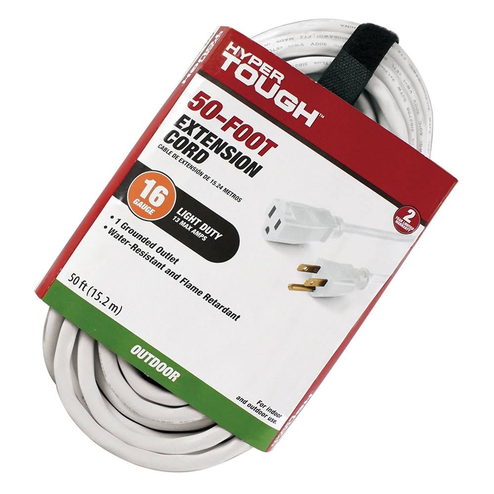 Hyper Tough 16AWG 3 Prong White Single Outlet Outdoor Extension Cord- 50 ft