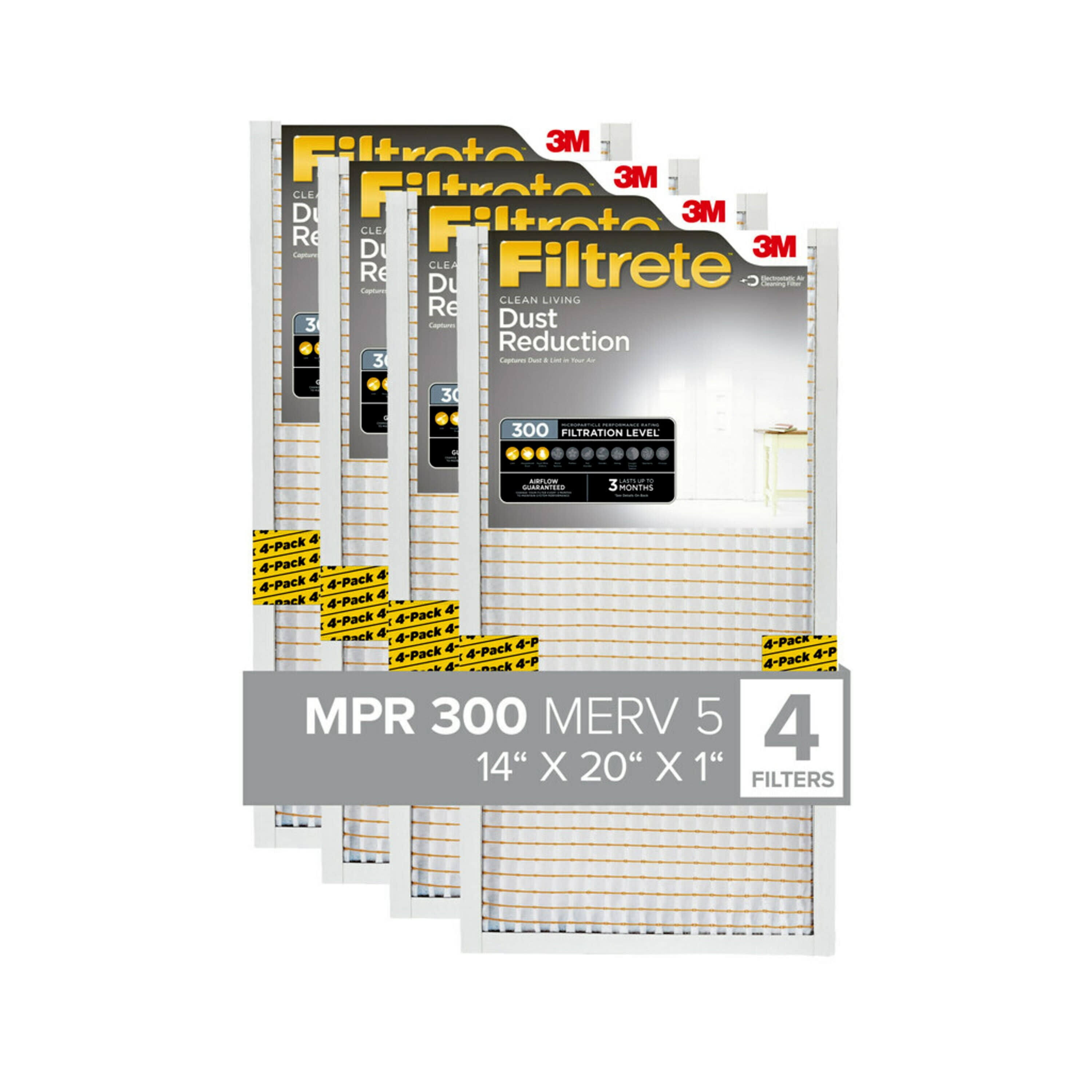 Filtrete by 3M, 14x20x1, MERV 5, Dust Reduction HVAC Furnace Air Filter, Captures Dust and Lint, 300 Mpr, 4 Filters