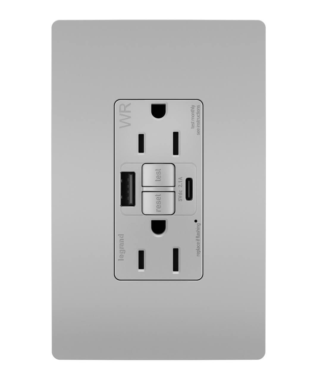 Pass and Seymour Self-Test GFCI Receptacle Tamper-Resistant Weather-Resistant 15A with USB Type AC Gray (1597TRWRUSBACGRY)