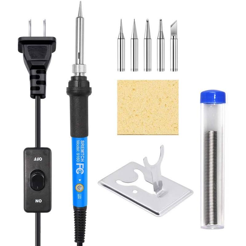Sremtch Soldering Iron Kit Upgraded 60W Adjustable Temperature Welding Tool with On-Off Switch 9-in-1 Soldering Kits 5pcs Soldering Iron Tips Solder W