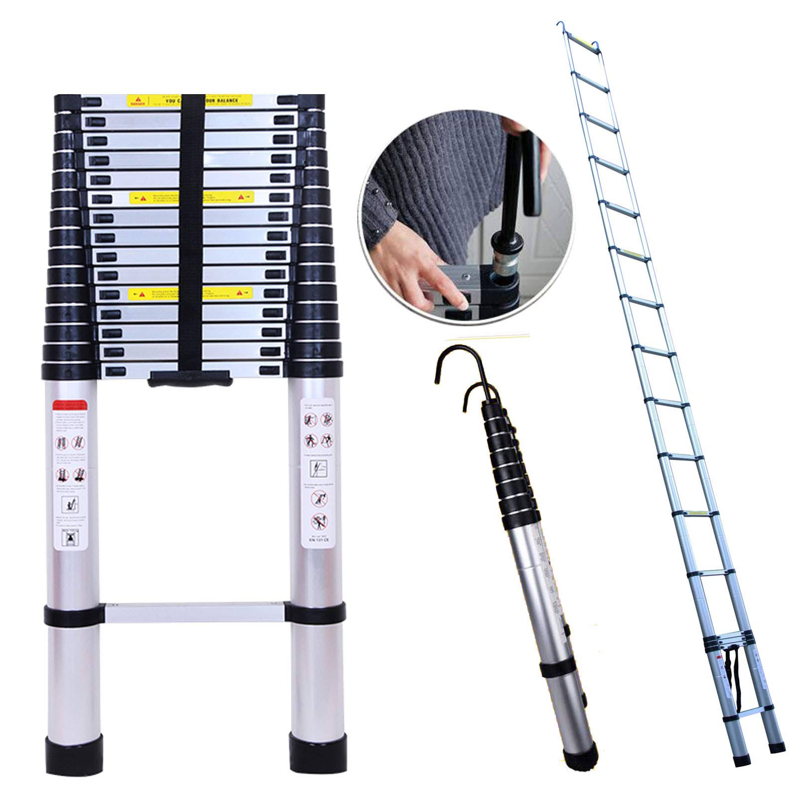 Bowoshen Telescoping Ladder 20ft 62M Aluminum DIY Extension Folding Loft Ladder with 2 Detachable Hooks Anti-Slip Rubber Feet Portable Heavy Duty Fold