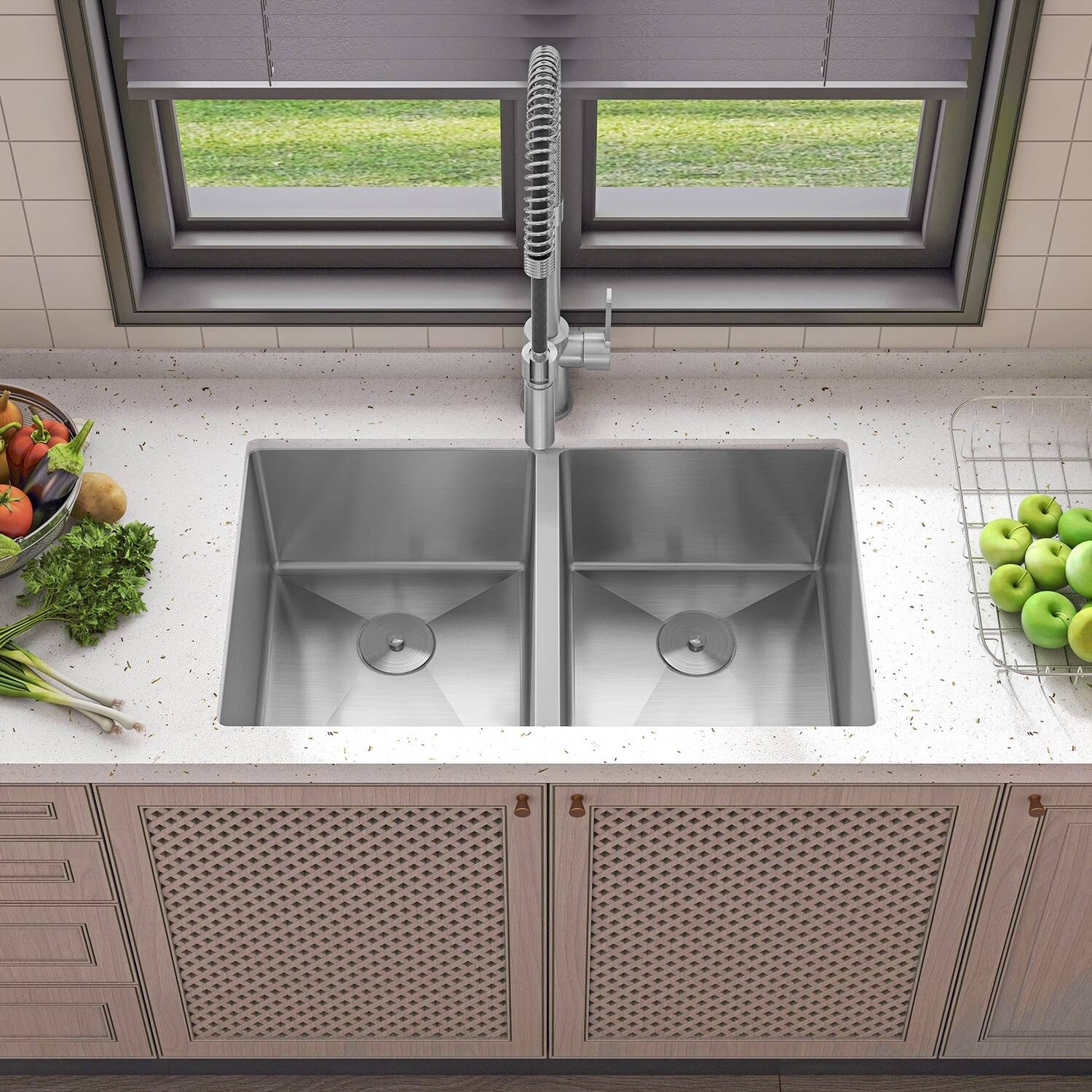Sinber 32 in. Undermount Double Bowl 16 Sink-Gauge 304 Stainless Steel Kitchen Sink, Silver