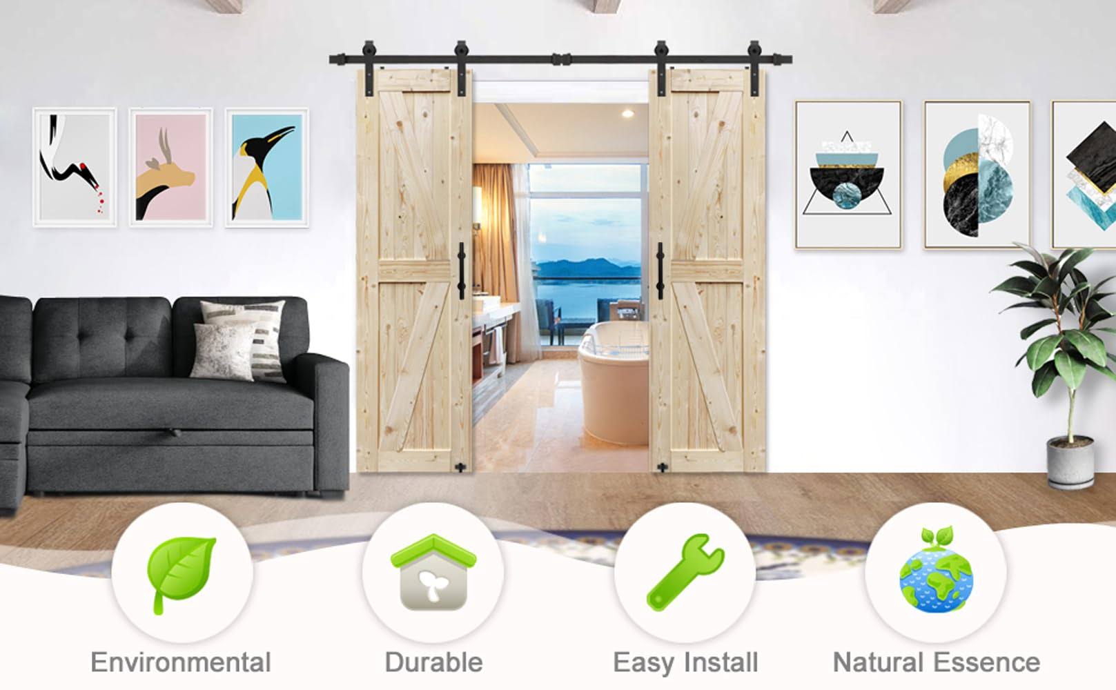 S&Z TOPHAND 24 in. x 84 in. Double Unfinished British Brace Knotty Barn Door with 8ft Sliding Door Hardware Kit/Solid Wood/Sliding Door/Double