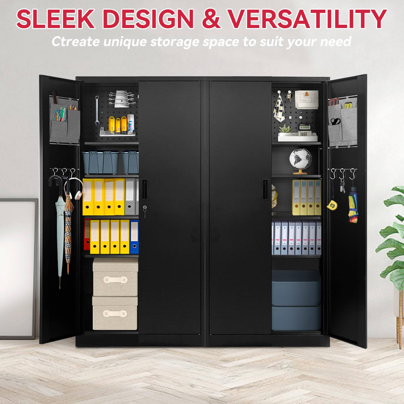 Pataku Garage Storage Cabinet Black Metal Locking Cabinet with Door Multifunctional with Adjustable Shelves, Pegboard, Hanging Rod, Tool Cabinet for