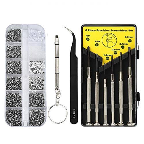 Kingsdun Eyeglass Repair Kit with 1100pcs Eyeglass Screws & Nose Pads Include 6pcs Phillips Flat Head Screwdriver Set & Curved Tip Tweezer for