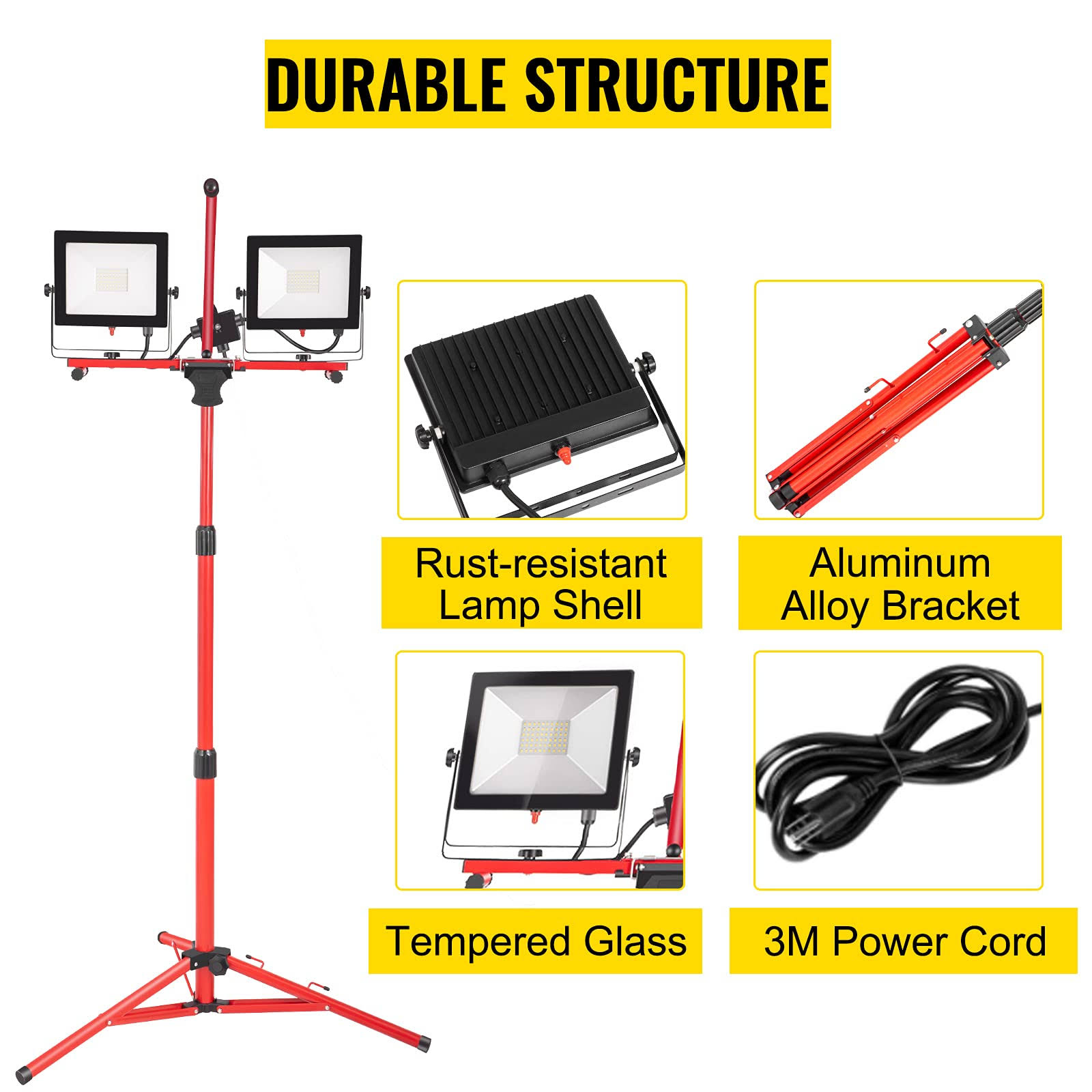 VEVOR LED Work Light with Stand, 4200 Lumen Dual-Head LED Work Light with 27.6 inch-68.1 inch Adjustable and Foldable Tripod Stand, IP65 Waterproofed
