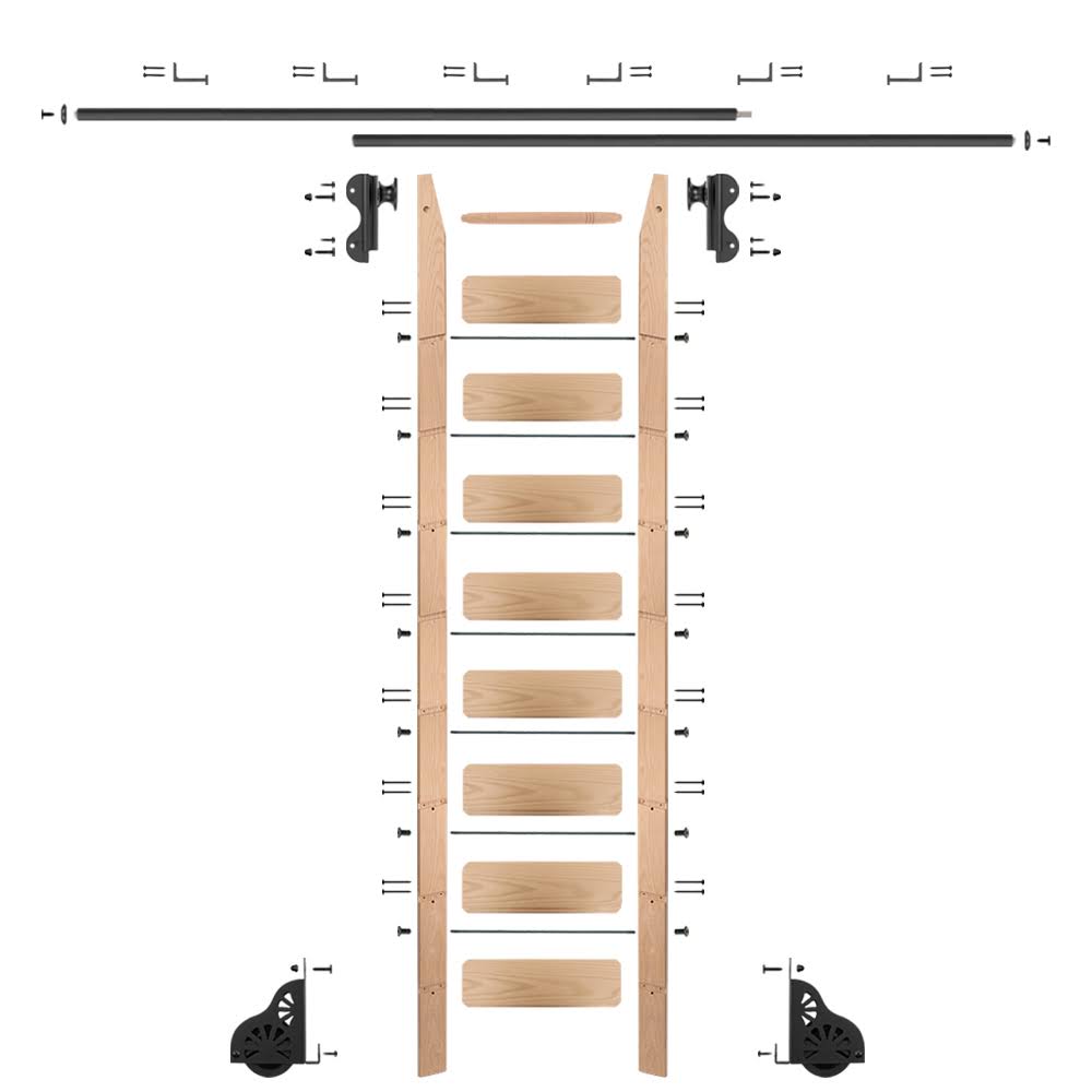 Quiet Glide Rolling Hook 9-Foot Red Oak Ladder Kit with 12-Foot Rail and Horizontal Brackets, Black- Woodcraft