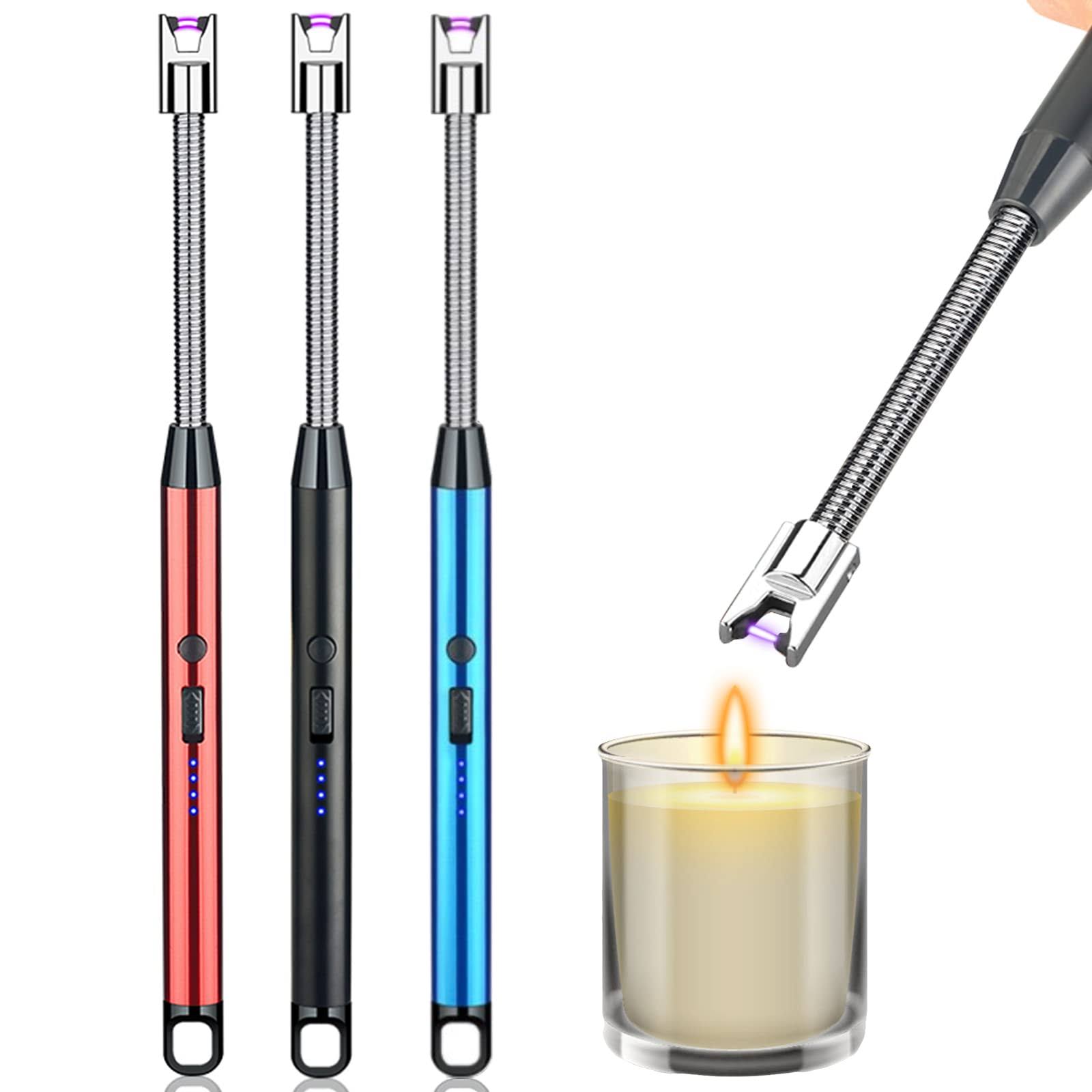 3 Pack Candle Lighter,Arc Lighter with USB Charging,Flameless Windproof,LED Battery Display,Safety Switch,Rotate 360 Degrees,for Aromatherapy