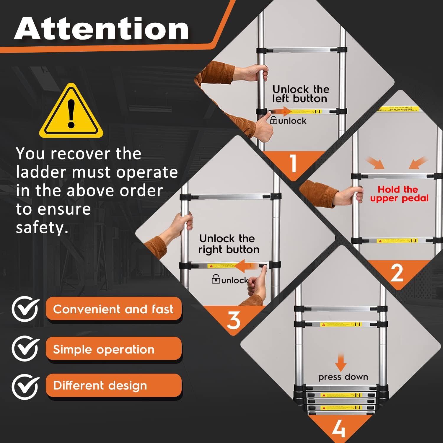 Telescoping Ladder, SocTone 10.5 ft Aluminum Lightweight Extension Ladder with 2 Triangle Stabilizers