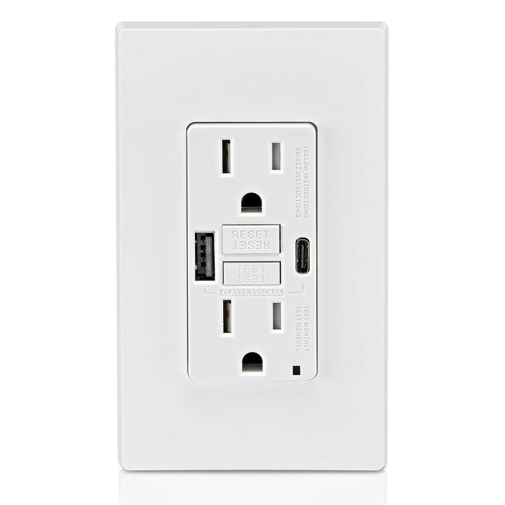 Leviton GUAC1-W 15A SmartlockPro Self-Test GFCI Combination 24W(4.8A) Type A/C USB In-Wall Charger Outlet