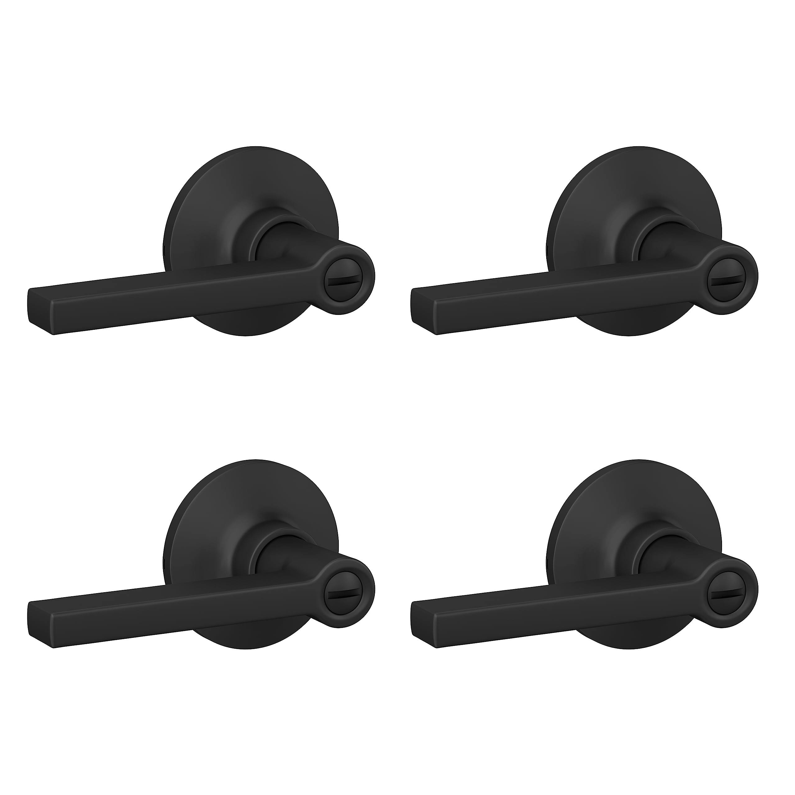 Lock Scout Straight Lever with Round Trim Bedroom and Bathroom Door Handle, Matte Black Finish, 4 Pack