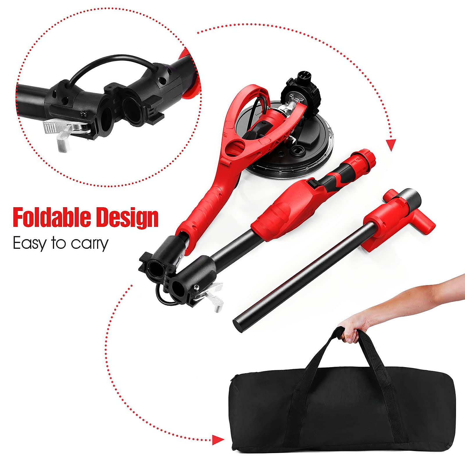 Vistreck Drywall Sander, 750W Electric Drywall Sander with Vacuum & 14pcs Sanding Discs, 6 Variable Speeds 1000-1850RPM, Foldable Has Dust Bag, LED
