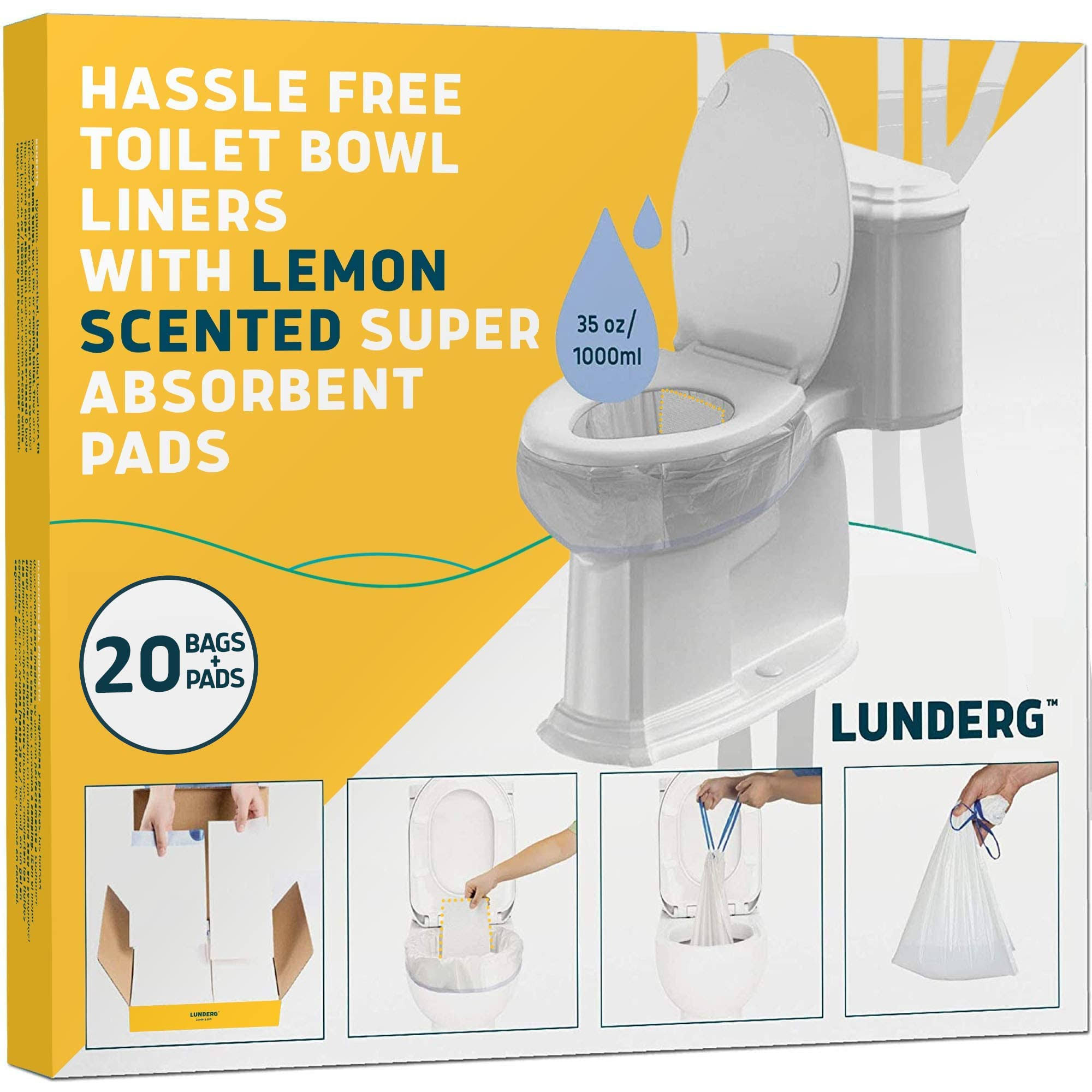 Lunderg Toilet Bowl Liners with Lemon Scented Super Absorbent Pads- Value Pack 20 Count Universal Fit- Disposable Toilet Bags to Convert Any Home,