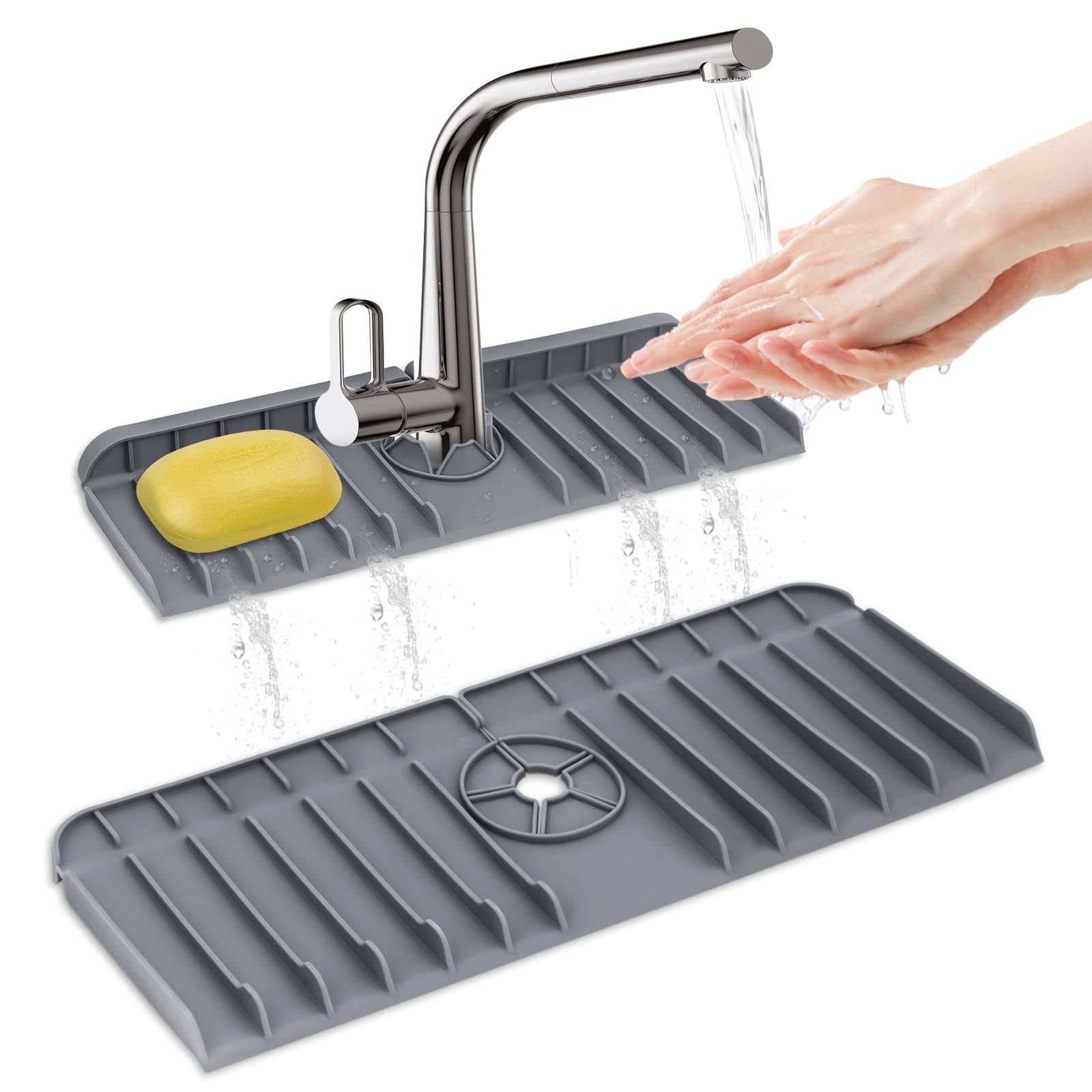 AEOOZGR Kitchen Sink Splash Guard Silicone Sink Draining Pad Behind Faucet Kitchen Sink Accessories Faucet Bathroom Absorbent Water Catcher Mat (Grey)