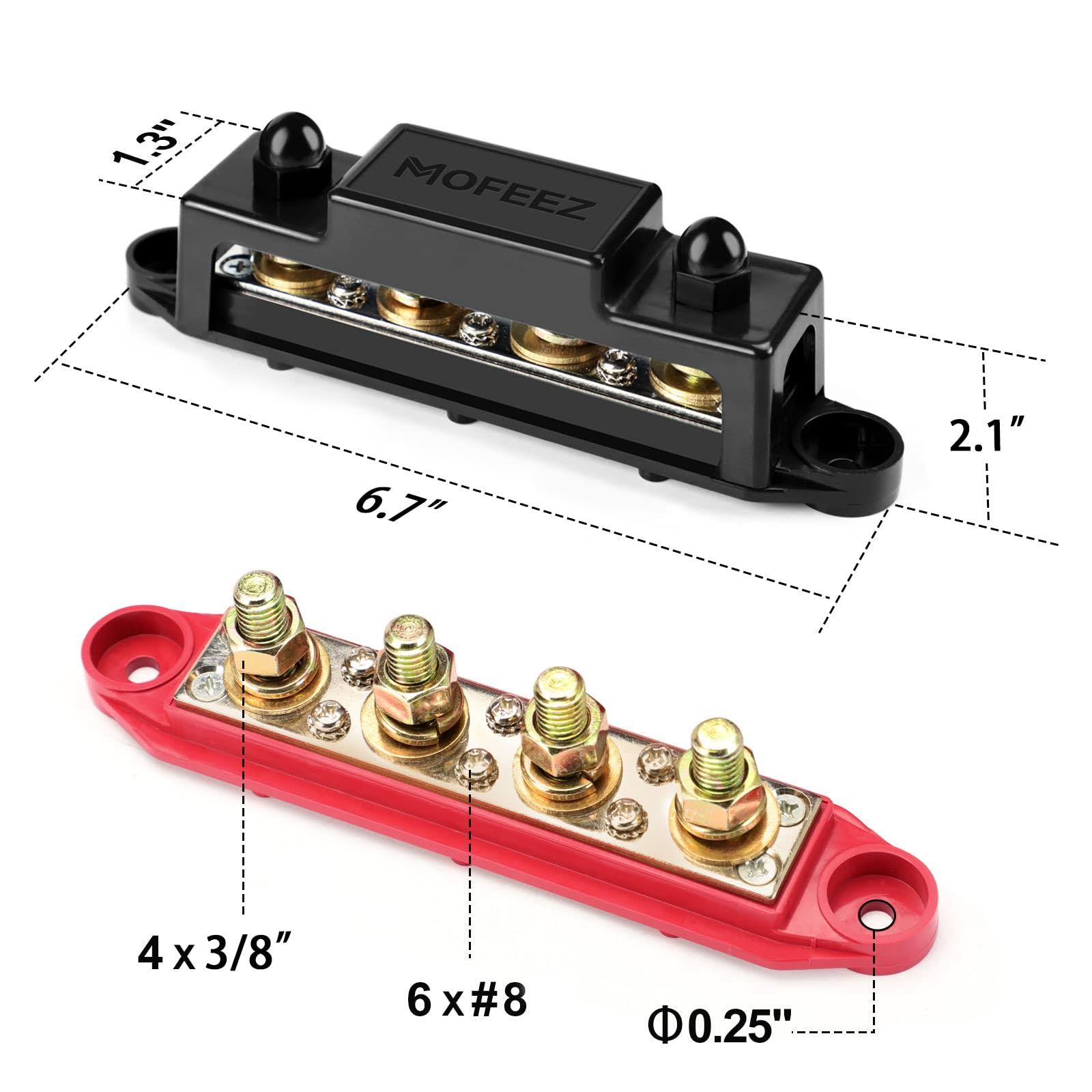 Mofeez Power Distribution Block Bus Bar, 4 x 38 Posts, 6 x #8 Screws terminals, Max 48V 250A (Pair, Red & Black)