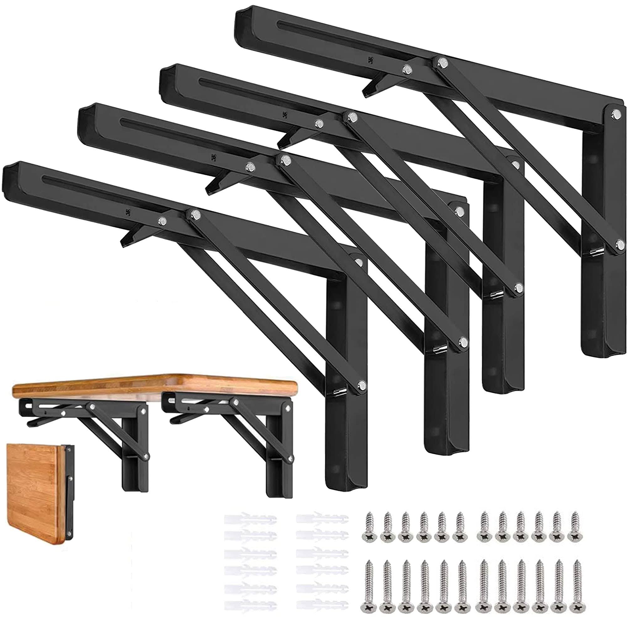 AUTOHJ Folding Shelf Brackets- 16 inch 4 Pcs Heavy Duty Stainless Steel Collapsible Triangle Shelf Bracket, DIY Wall Mounted Fo