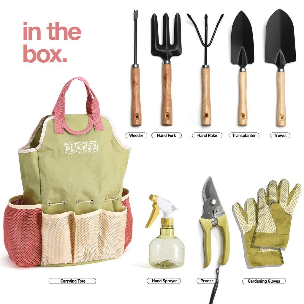 Play22 Complete Garden Tool Kit Comes with Bag & Gloves,Garden Tool Set with Spray-bottle Indoors & Outdoors- Durable Garden Tools Set