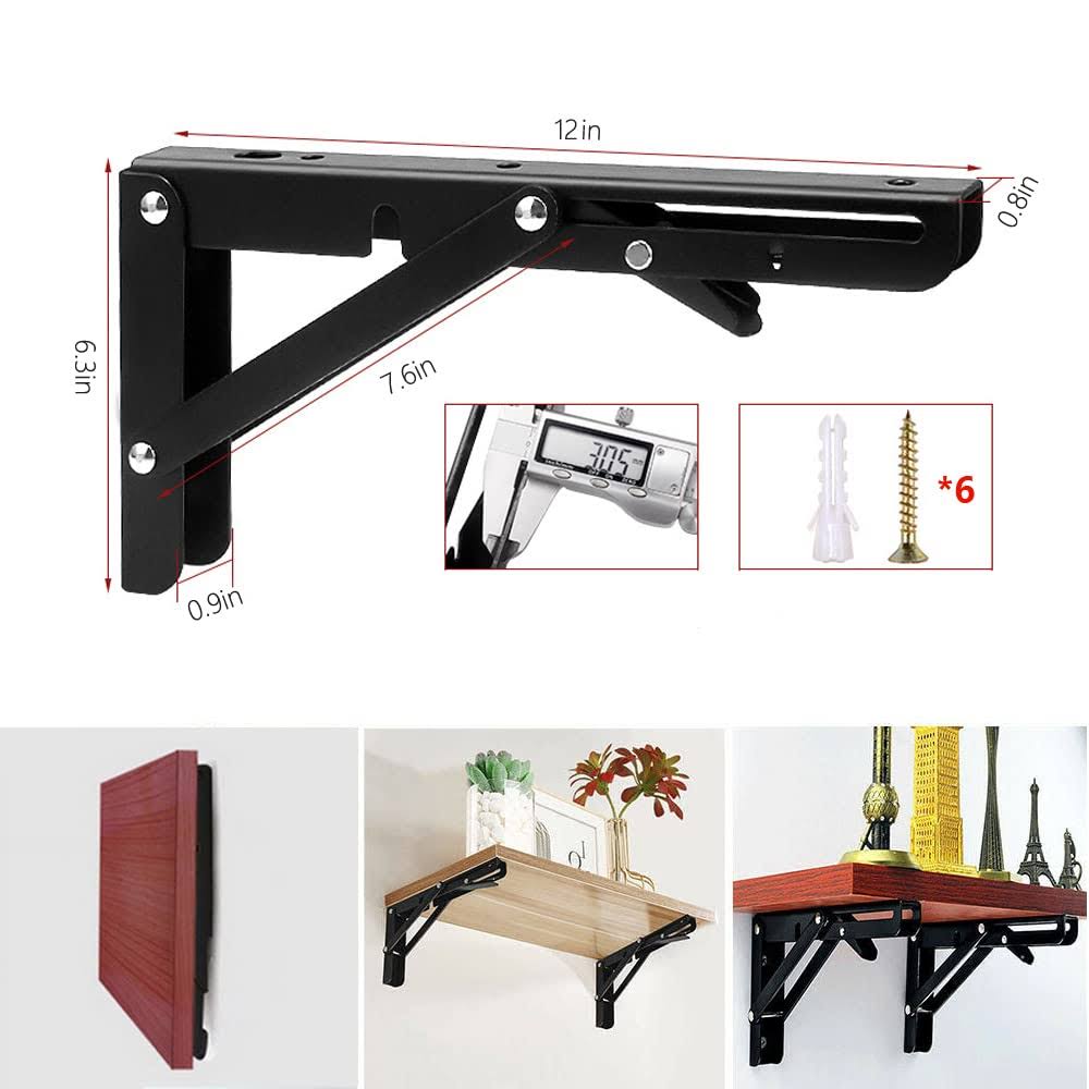 Hniuyun 2pcs Folding Shelf Brackets, Heavy Duty Stainless Steel Shelf Bracket for Table Work Space Saving DIY Bracket, Load Capacity:110lb (12inch)
