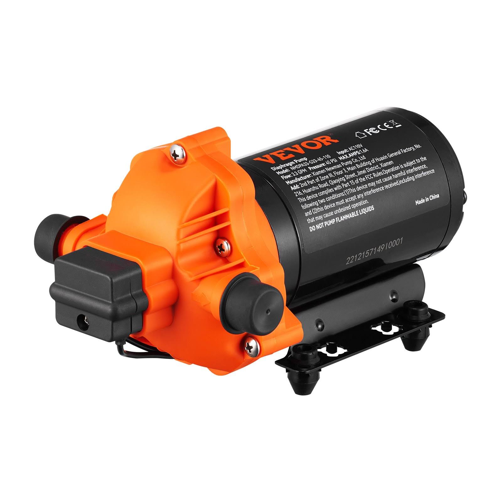 VEVOR Water Diaphragm Pump 110V AC 3.3 GPM Flow 45 PSI Rated Pressure (40-80 PSI Adjustable) 1/2
