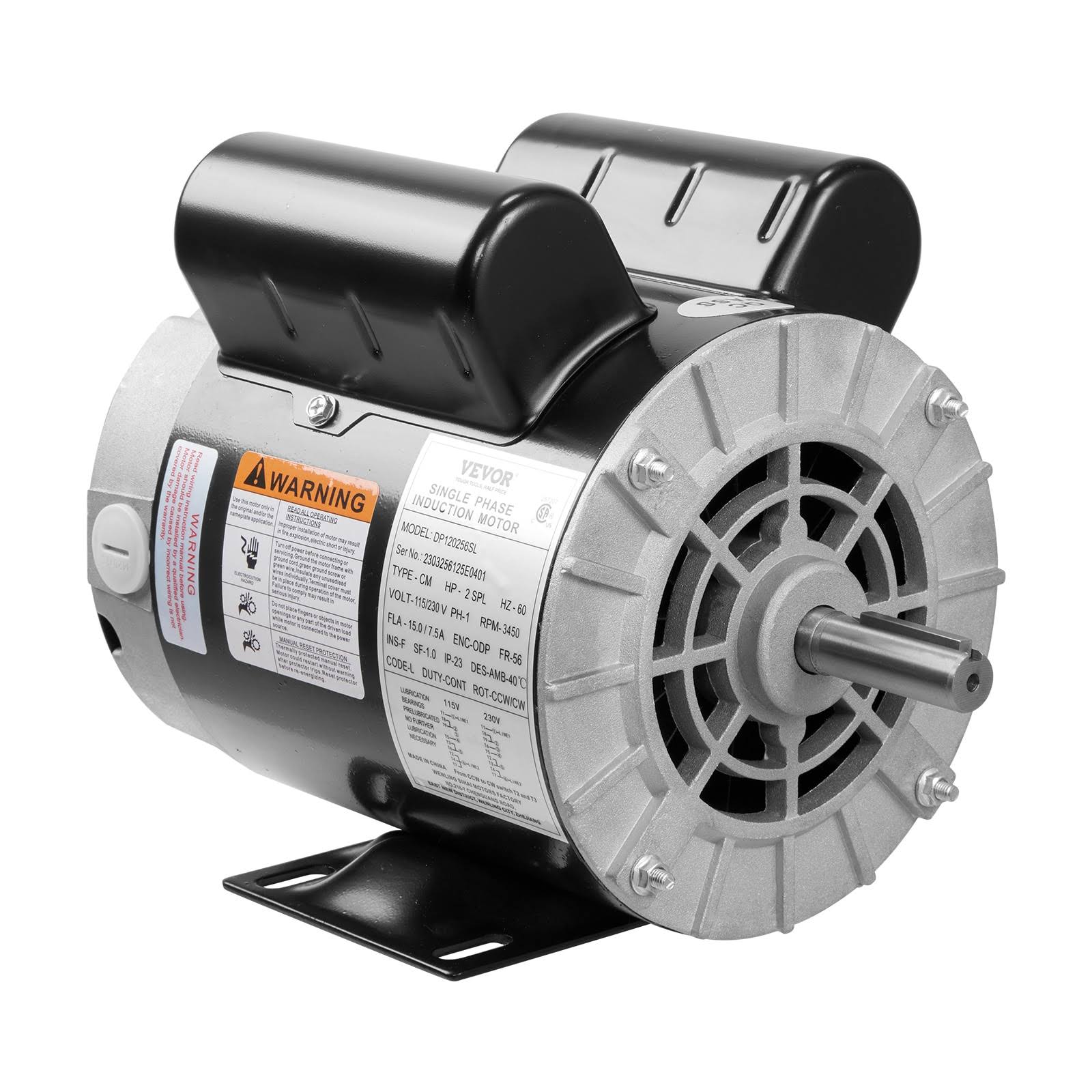 VEVOR DXKYJDJLODP2H57NLV7 Air Compressor Motor 2HP SPL 5/8 in. Keyed Shaft Electric Motor Single Phase 115/230V 15/7.5A 56HZ Frame CW/CCW Rotation