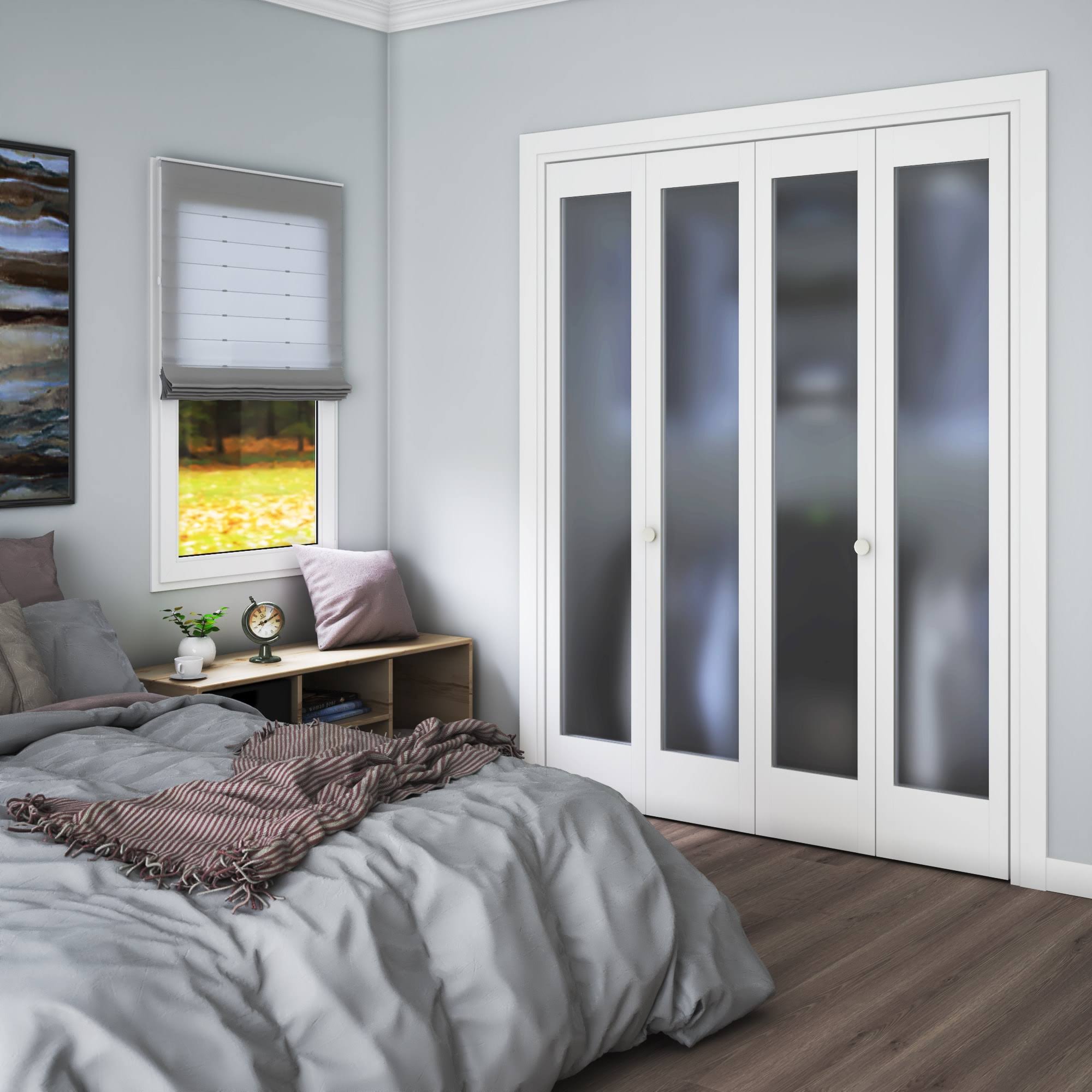 EightDoors 24 in. x 80 in. x 1-3/8 in. Frosted Glass 1-Lite Shaker Primed Solid Core Wood White Bi-Fold Door with Hardware Included