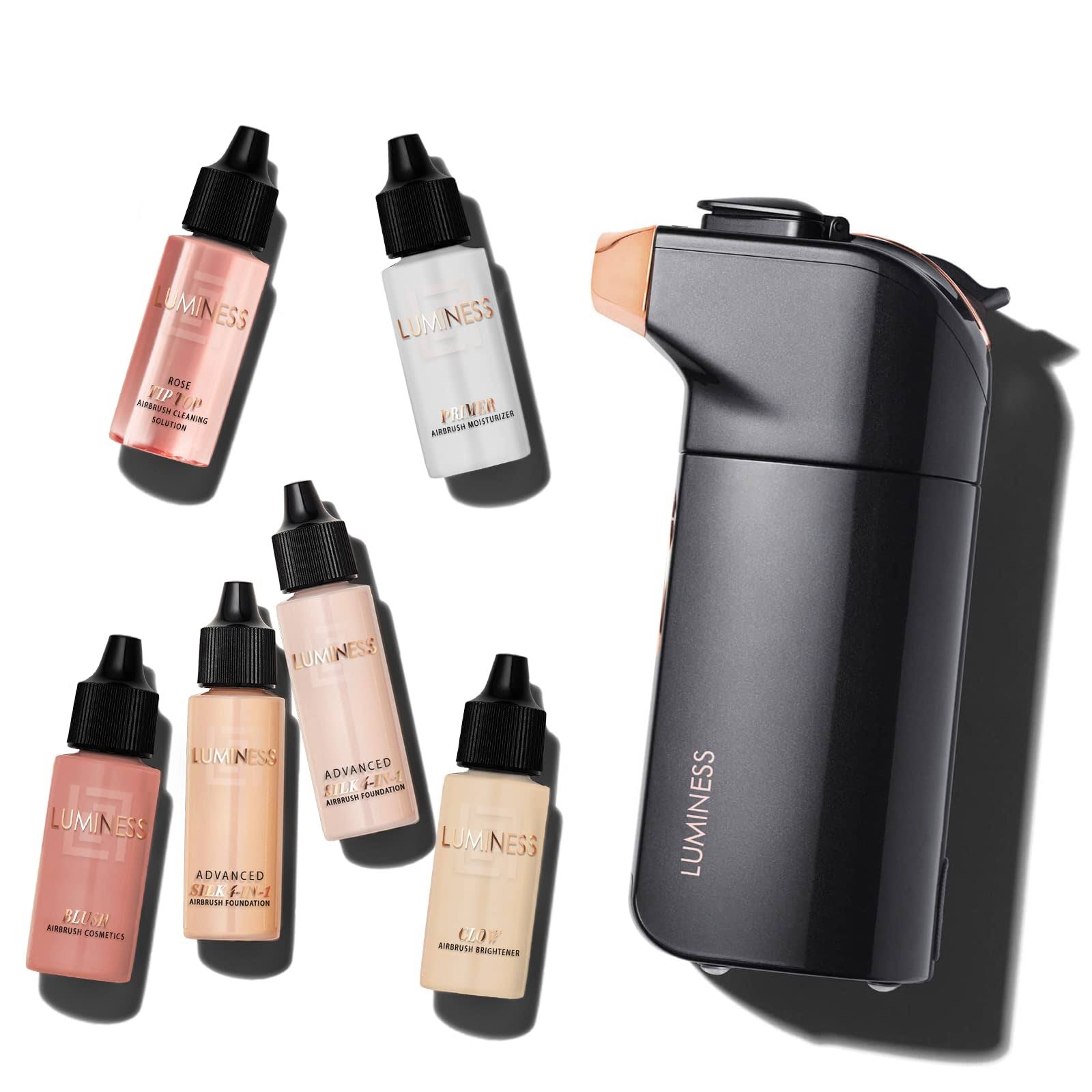 Luminess Breeze Duo Airbrush Makeup System, Fair Coverage- 9-Piece Kit Includes 2x Silk Airbrush Foundation, Soft Rose Blush, Glow Highlighter, Moist