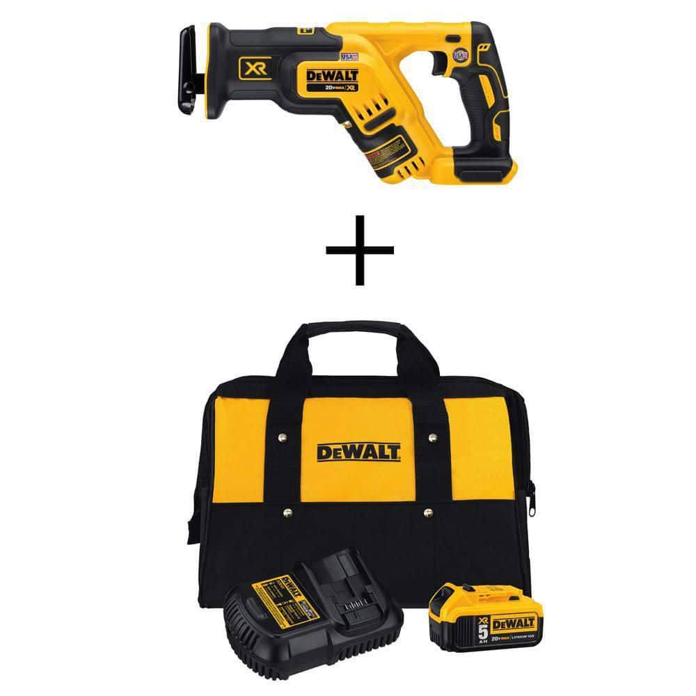 DeWalt 20V Max XR Cordless Brushless Compact Reciprocating Saw with 20V Max XR Lithium-Ion 5.0Ah Battery, Charger & Kit Bag