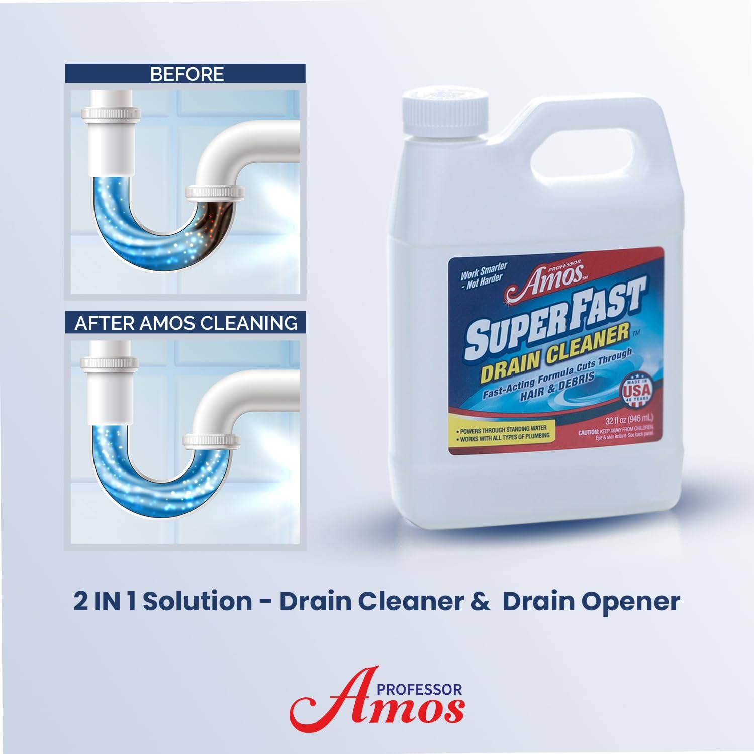 Professor Amos Superfast Drain Cleaner 2 Pack Dissolve Hair Grease Food & Build Up Fast 8-12 Applications