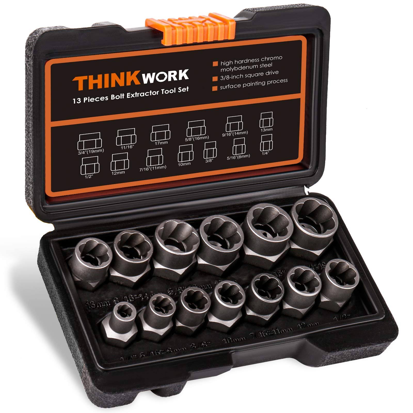 THINKWORK Impact Bolt Extractor Set, 13+1 Pieces Nut Removal Tool, Stripped Lug
