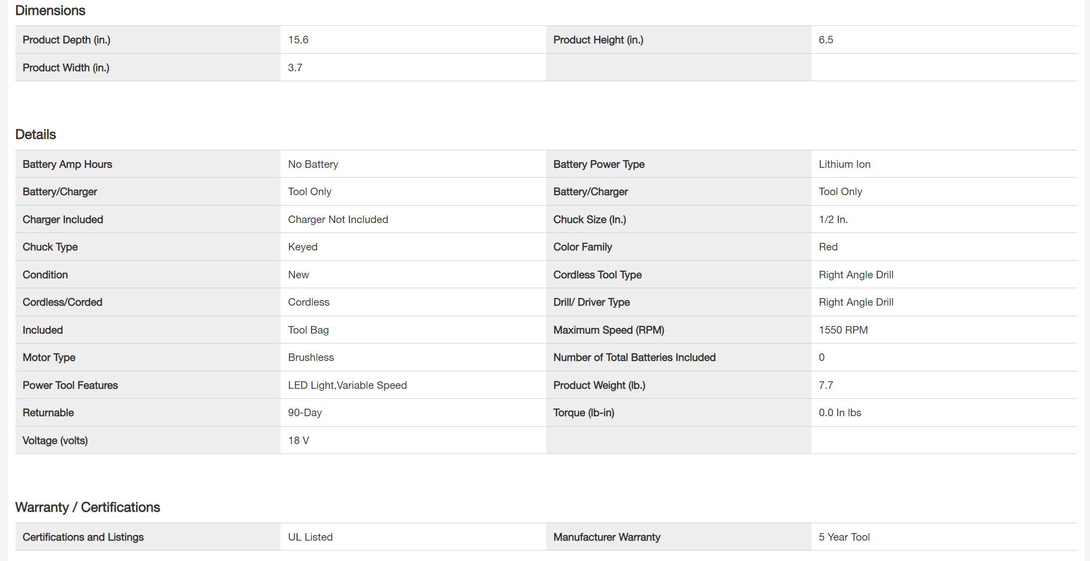 Milwaukee Tool 2807-20 M18 Fuel Hole Hawg 1/2 in. Right Angle Drill