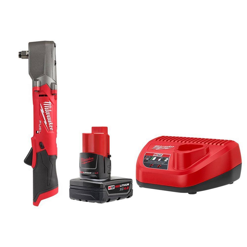 Milwaukee 2565-20-48-59-2440 M12 Fuel 12V Lithium-Ion Brushless Cordless 1/2 in. Right Angle Impact Wrench w/M12 4.0 Ah Starter Kit