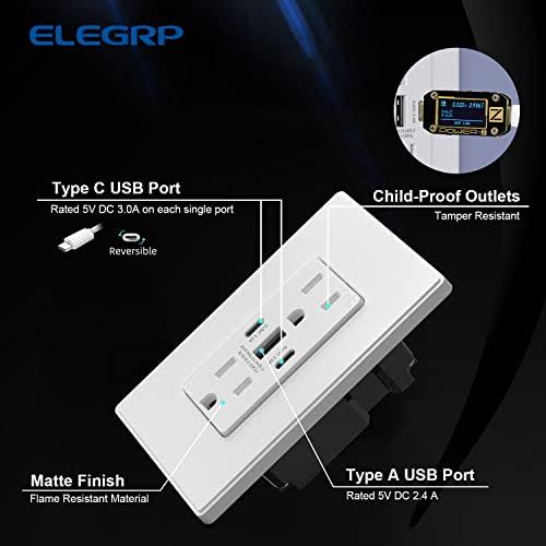 ELEGRP USB Outlets, 30W 6.0 Amp USB C Outlets Receptacles, 3-Port USB Wall Outlet, 15 Amp Tamper-Resistant Outlet with 2 USB C P, White