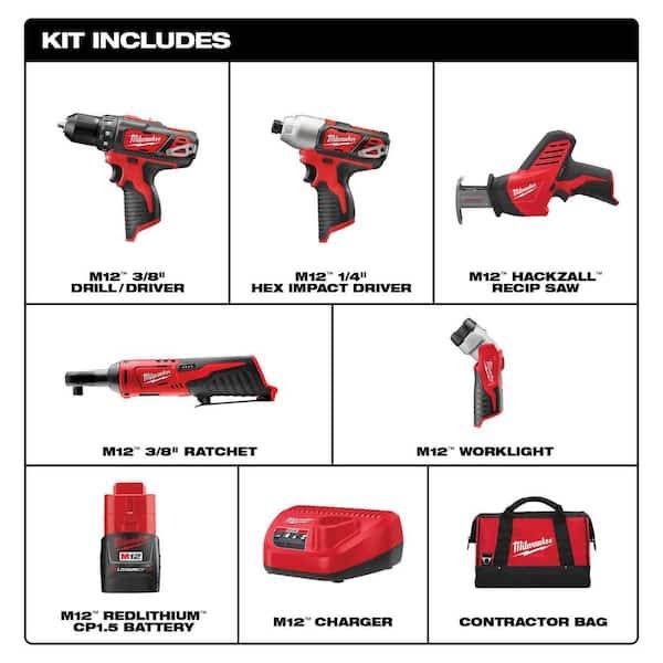 Milwaukee M12 12V Lithium-Ion Cordless 5-Tool Combo Kit w/SHOCKWAVE Impact Duty Titanium Drill Bit Set (15-Piece)